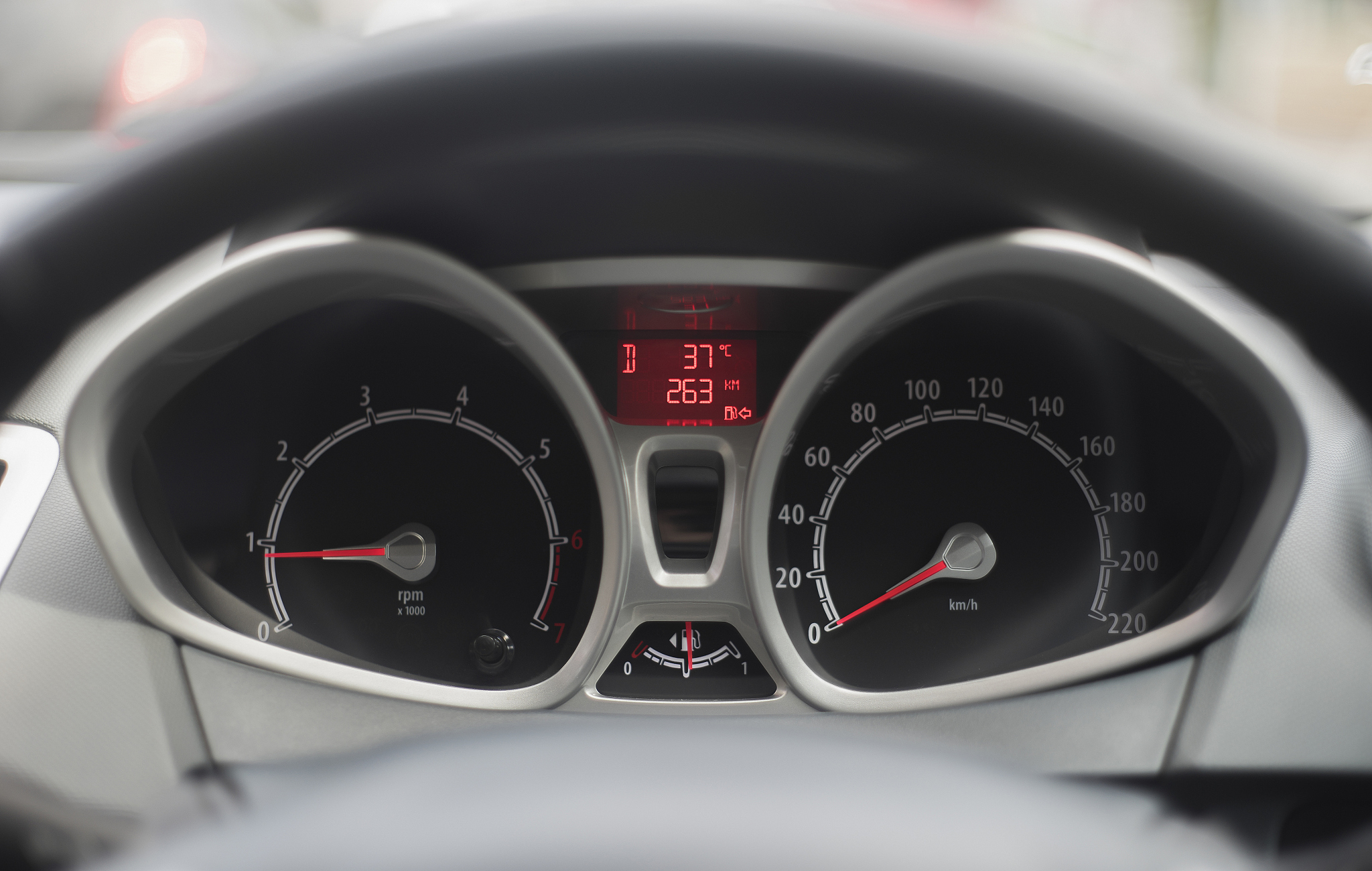 close up shot of modern speedometer,car dashboard,