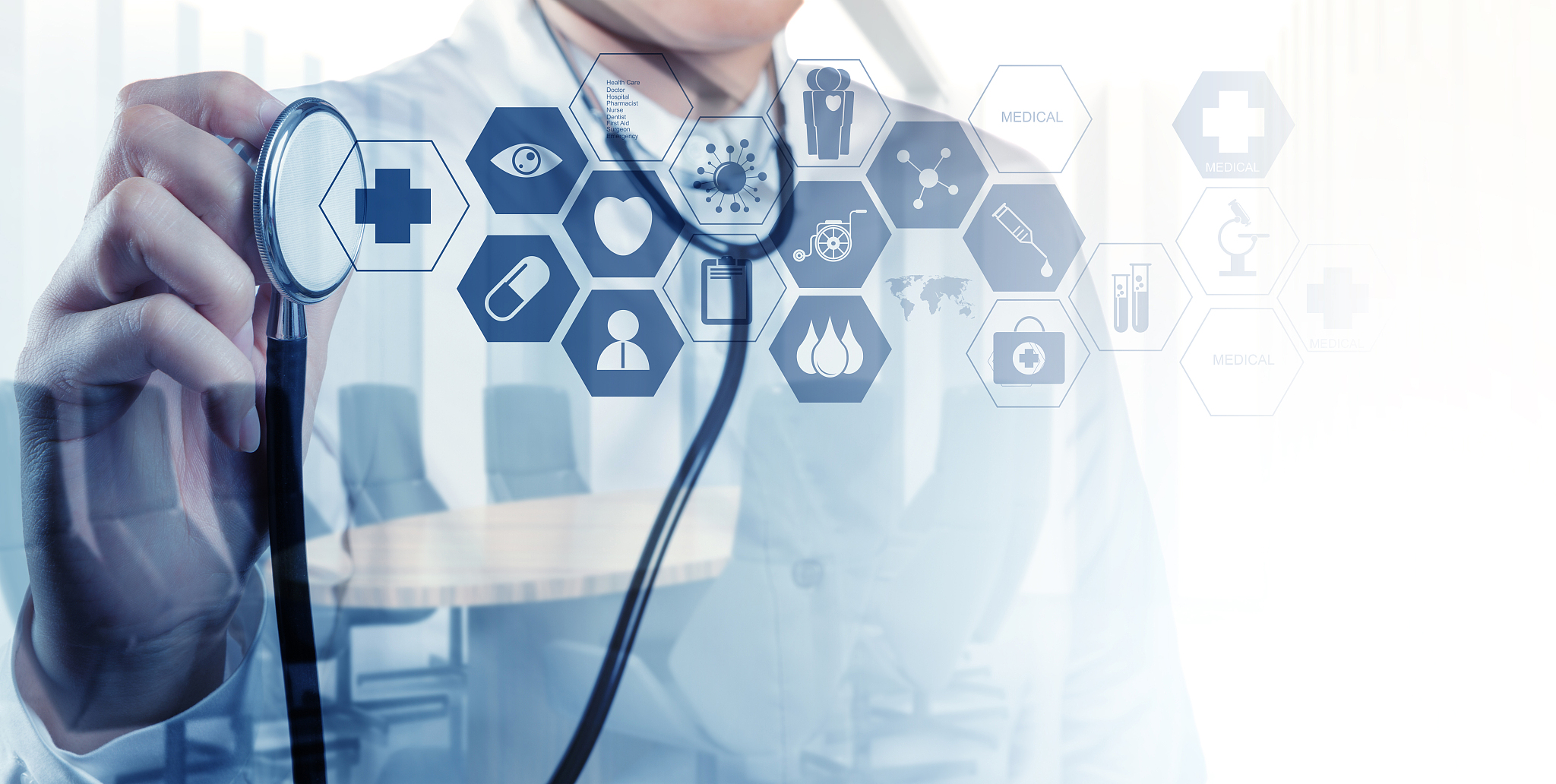 double exposure of smart medical doctor working