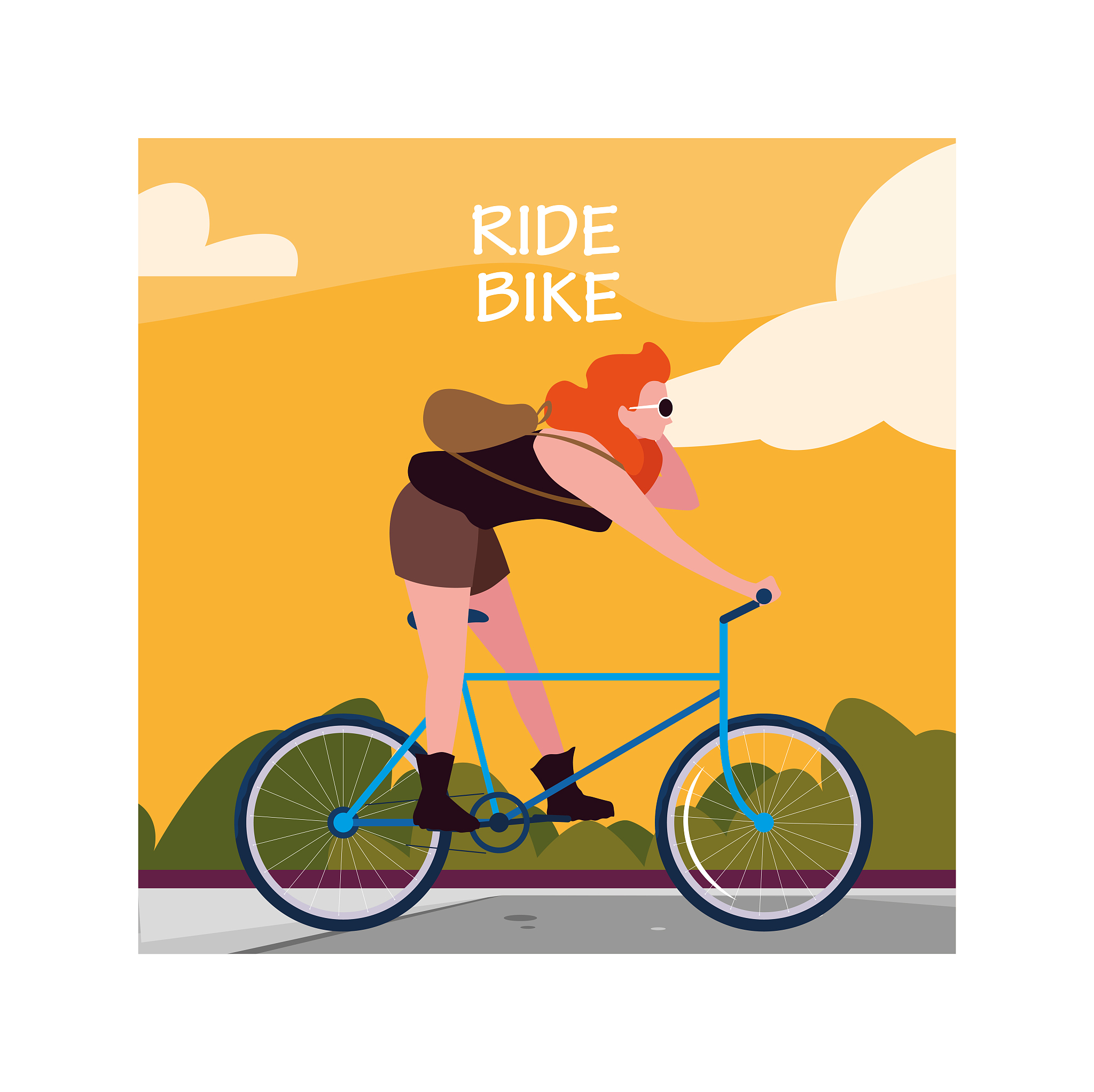 woman with bicycle, label ride bike