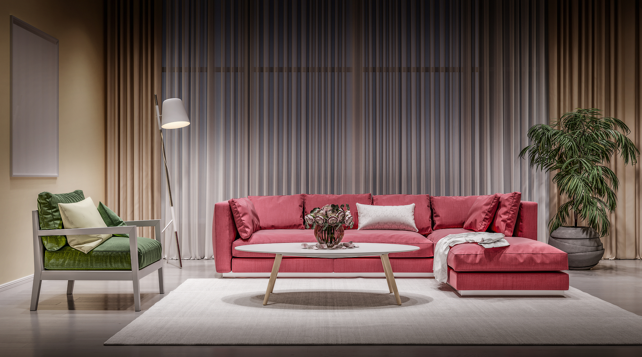 modern design interior living room, red sofa with green chair