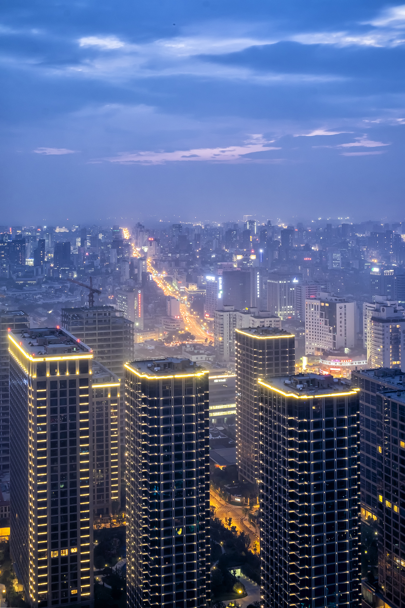 overlooking the business district of hangzhou, china at night