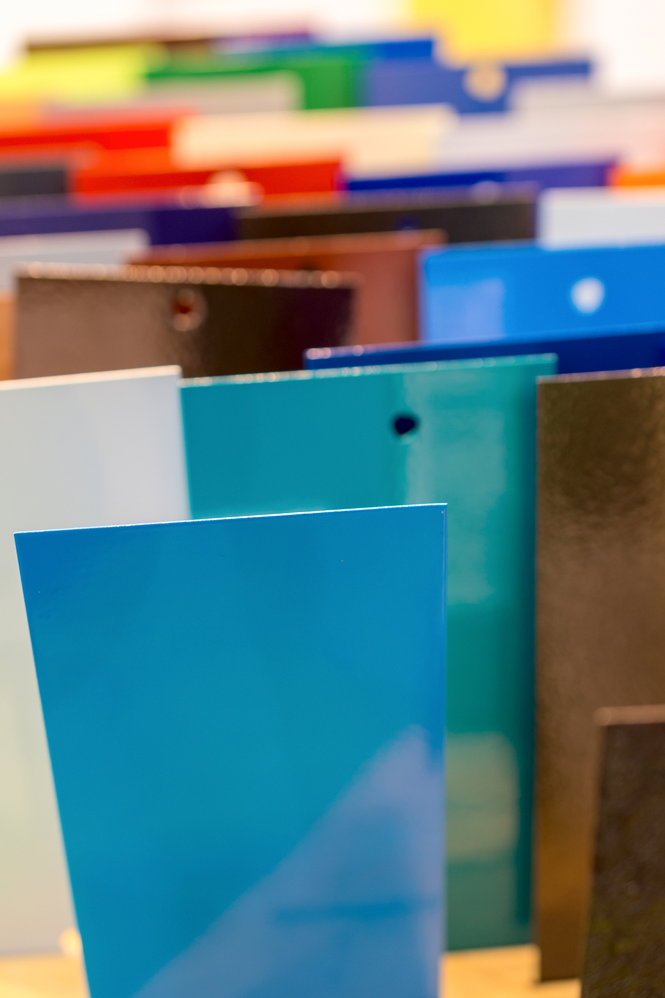rectangular metal plates, painted in various colors