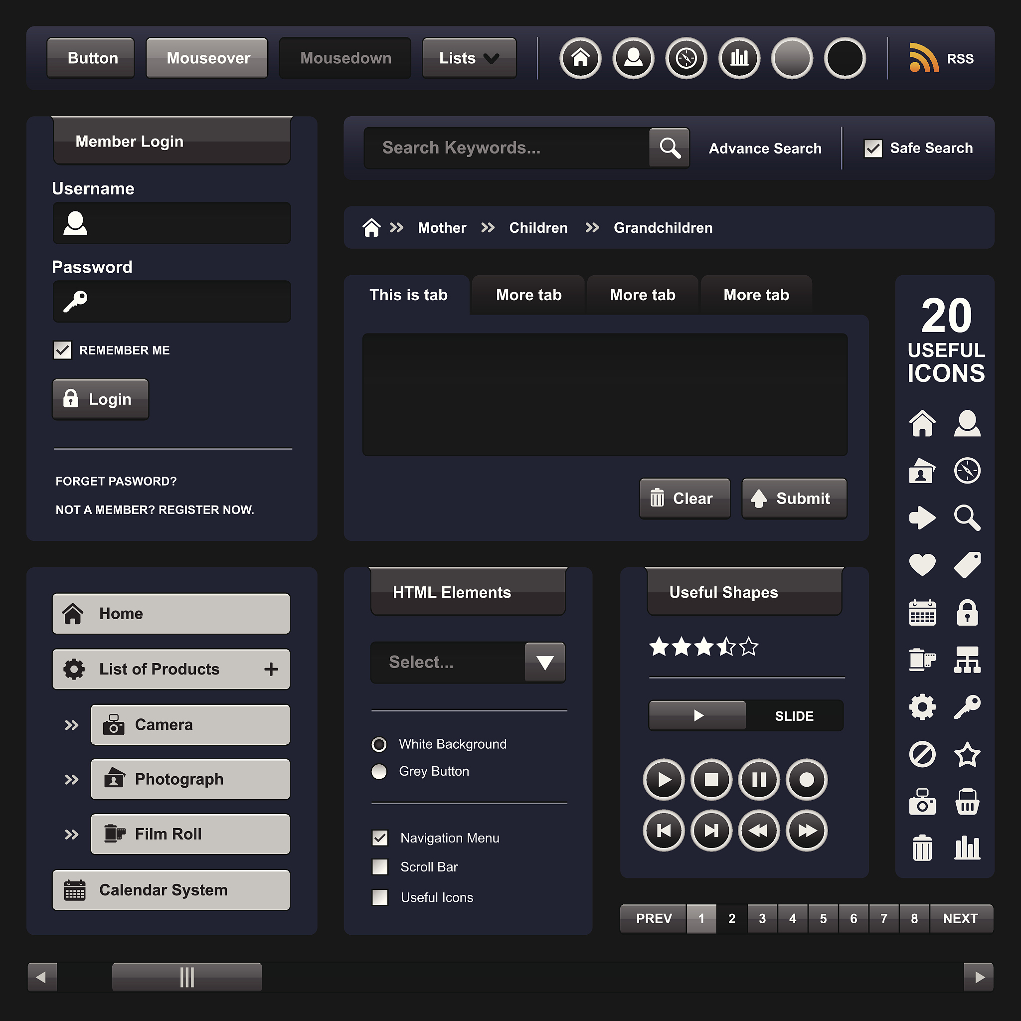 website web design elements dark template frame