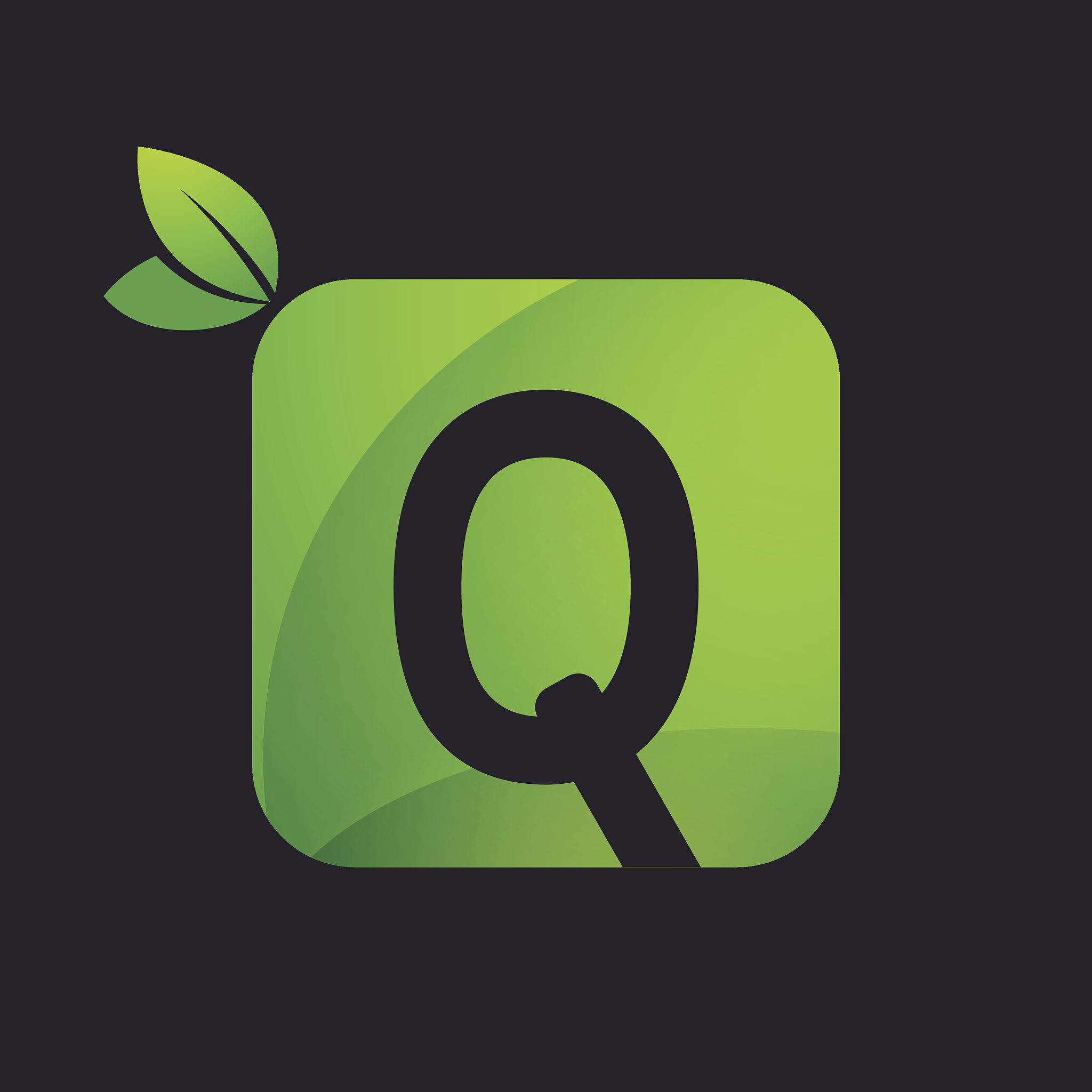 q letter icon with square and green leaves.