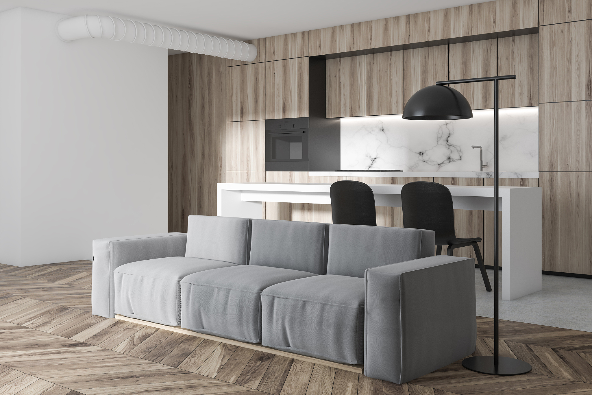 wooden and marble kitchen and living room