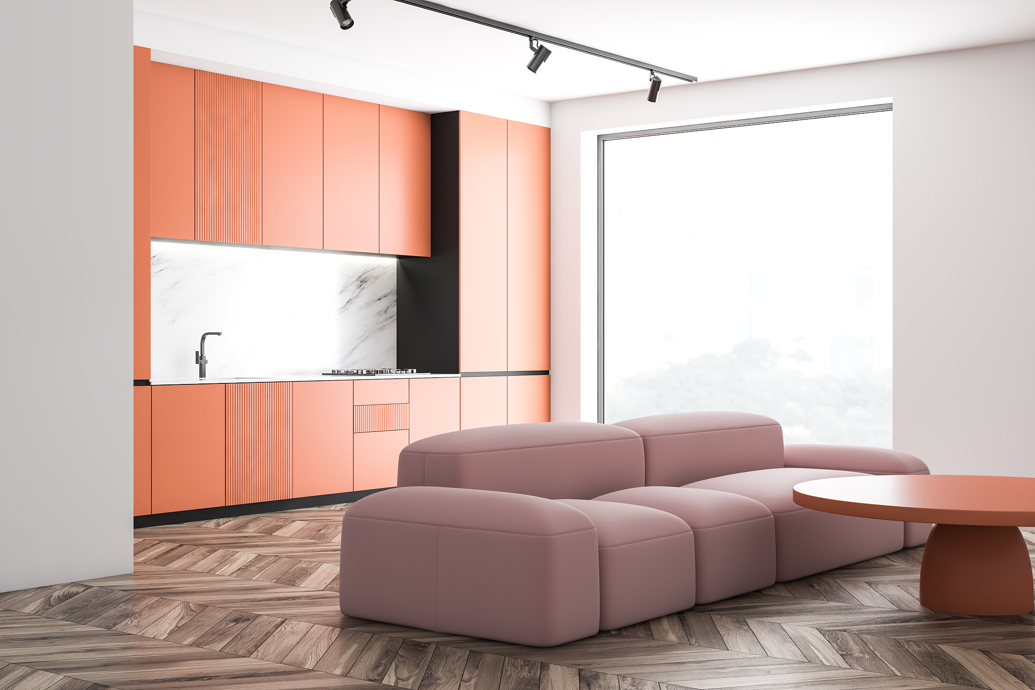 orange kitchen corner with sofa