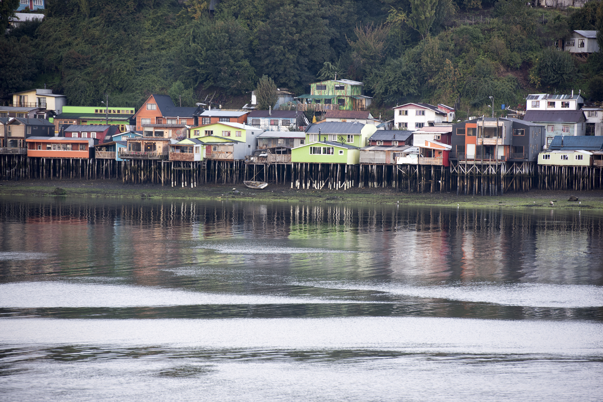 colourful palafitos in castro, chiloé island, chile