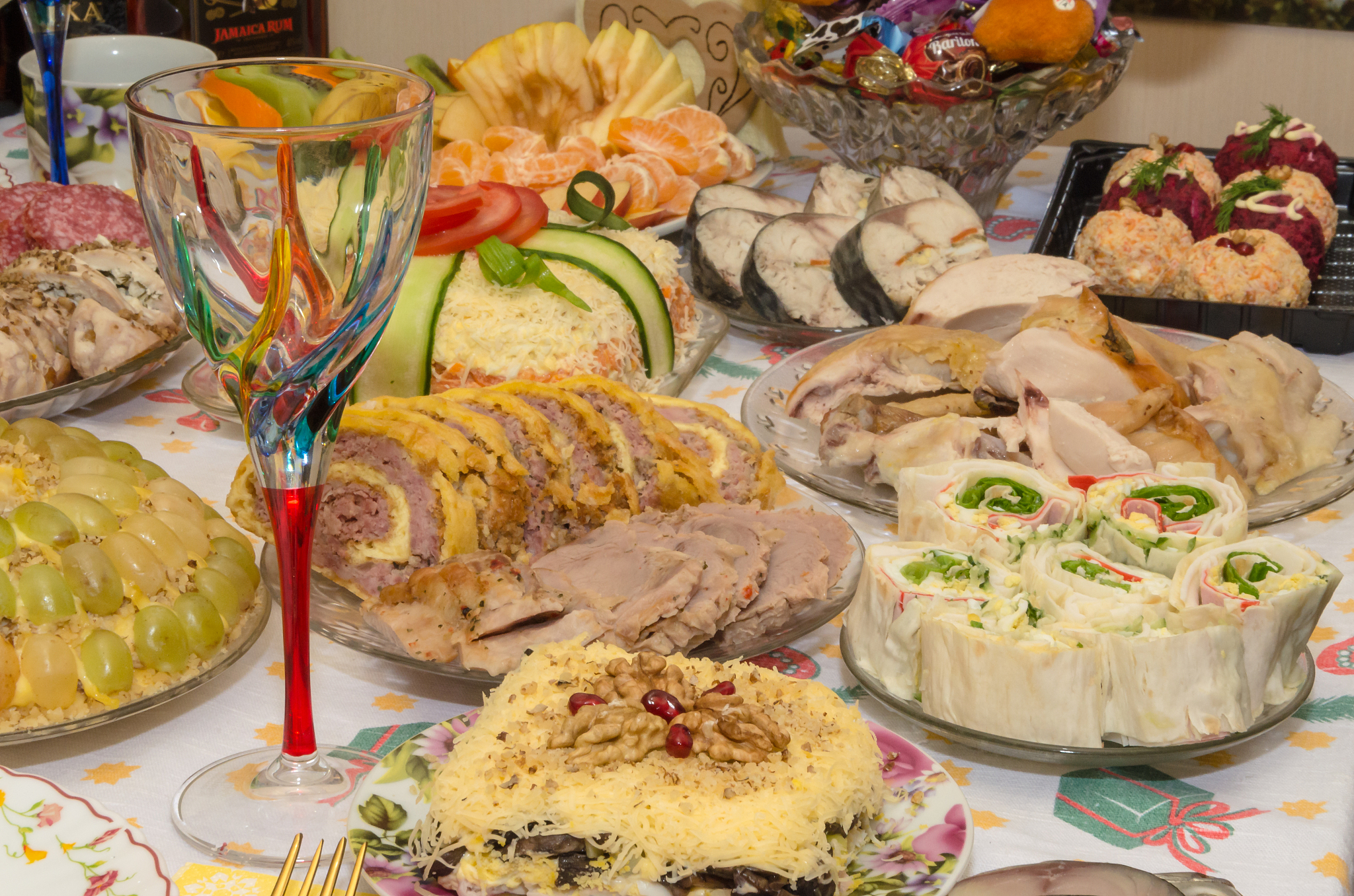 new year's table made by delicious food.