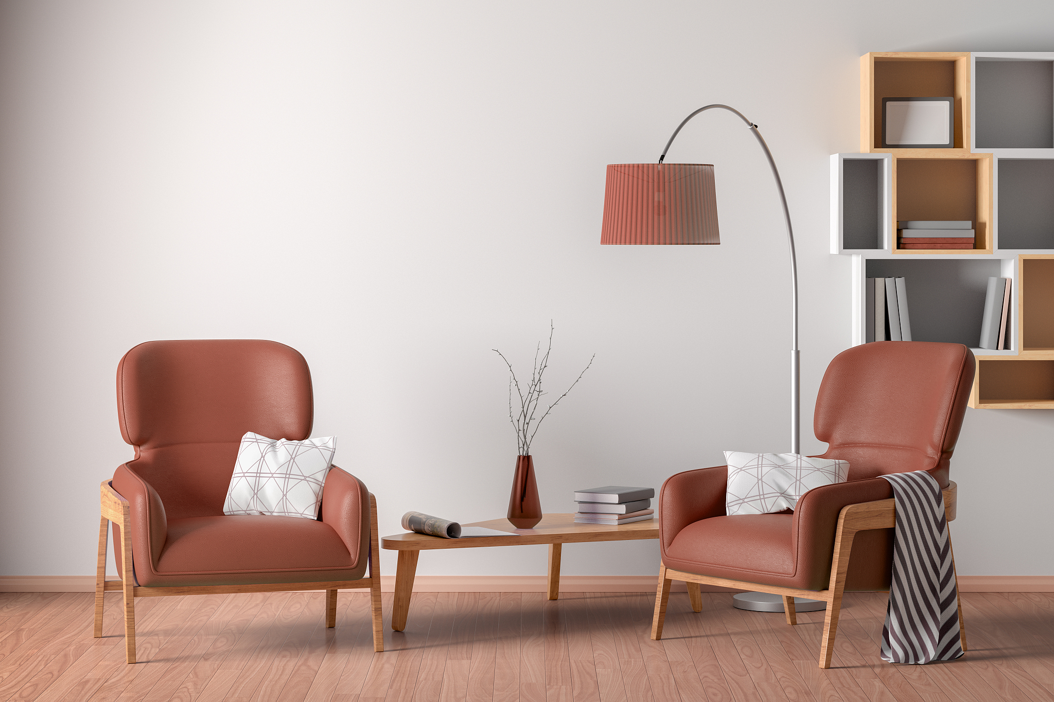 interior of living room with armchair, coffee table, floor lamp