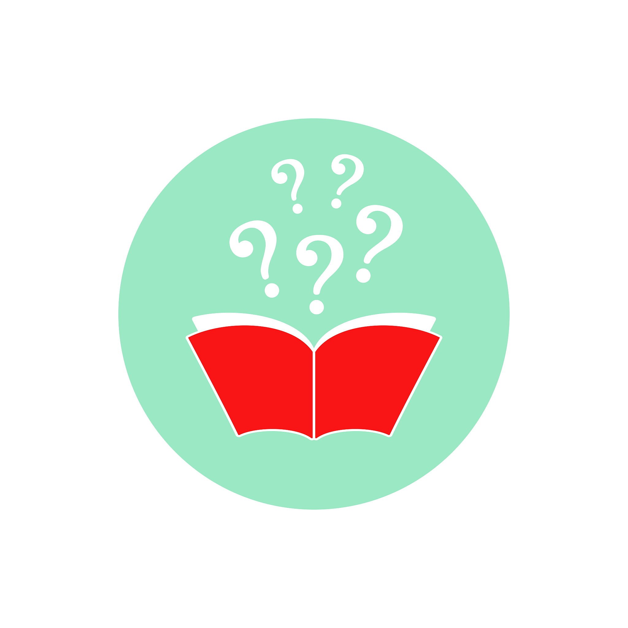 red open book with white question marks flying out in turquoise 
