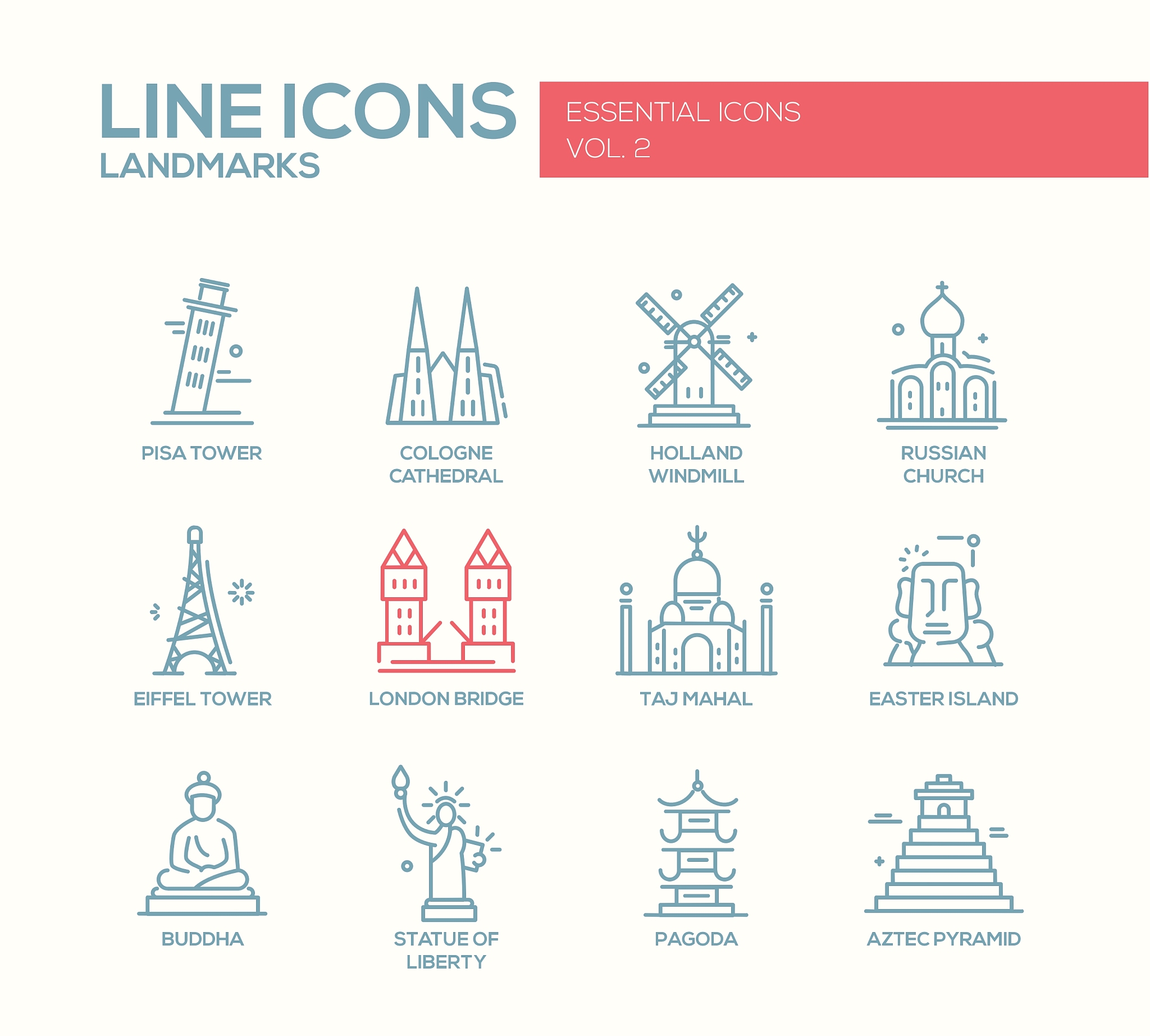 world landmarks icons set
