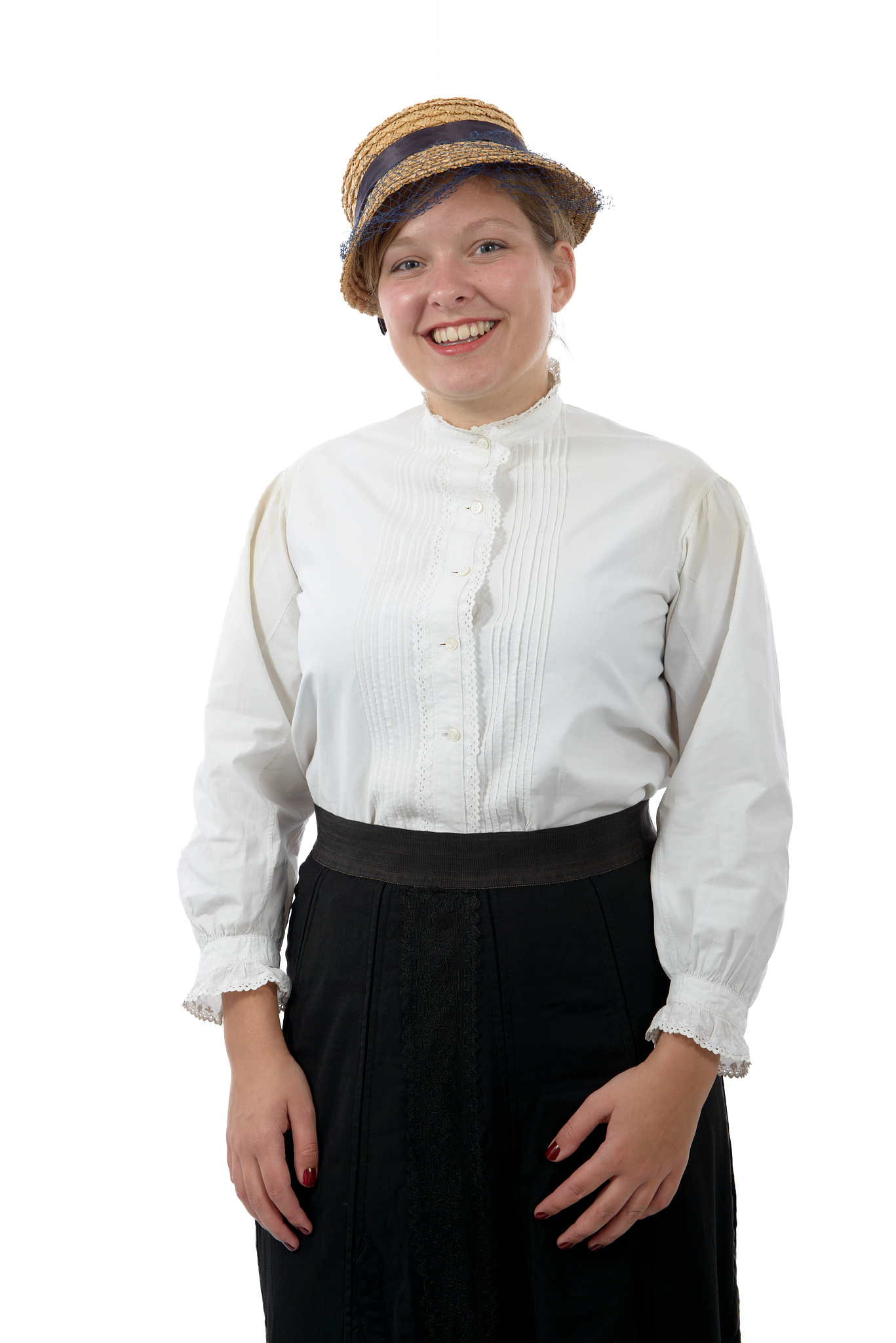 young smiling woman in vintage costume 1900s