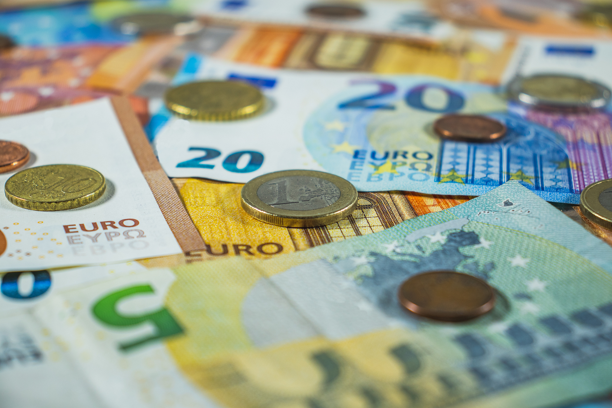 euro money, euro cash background with coins, money banknotes