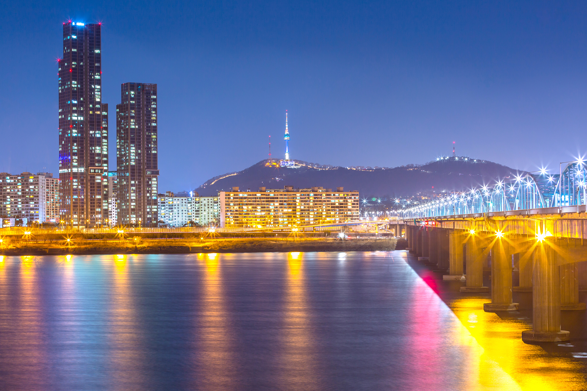 korea landmark and bridge and han river,n seoul tower at night, 