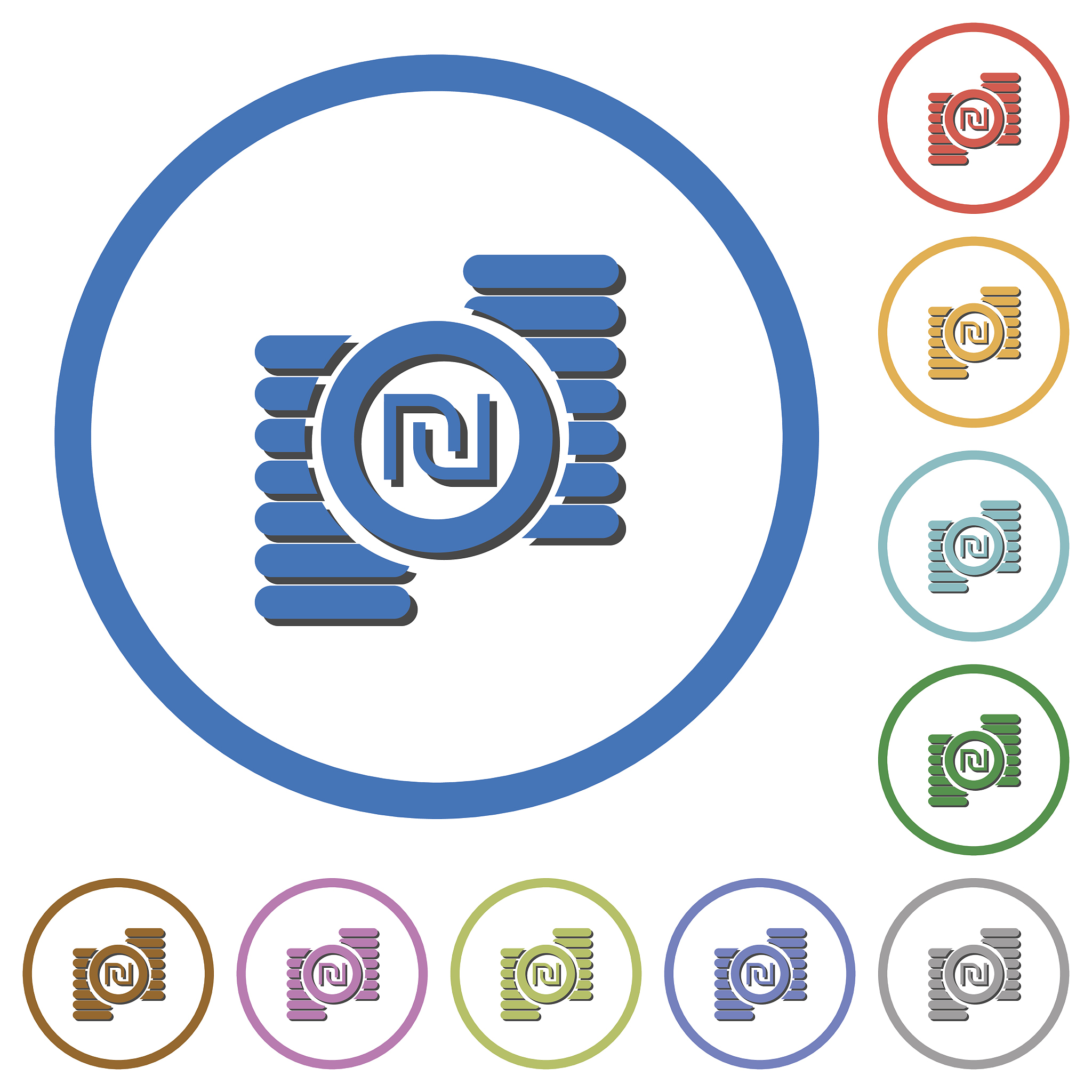 israeli new shekel coins icons with shadows and outlines