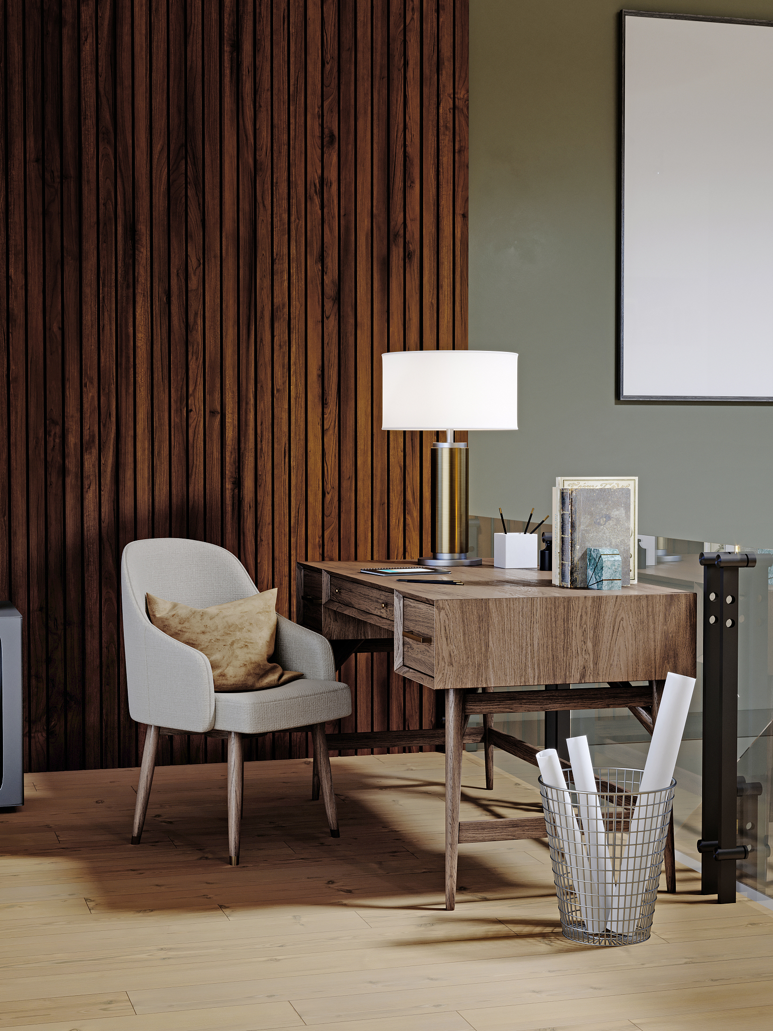 interior loft design with workspace and a desk against a wooden 