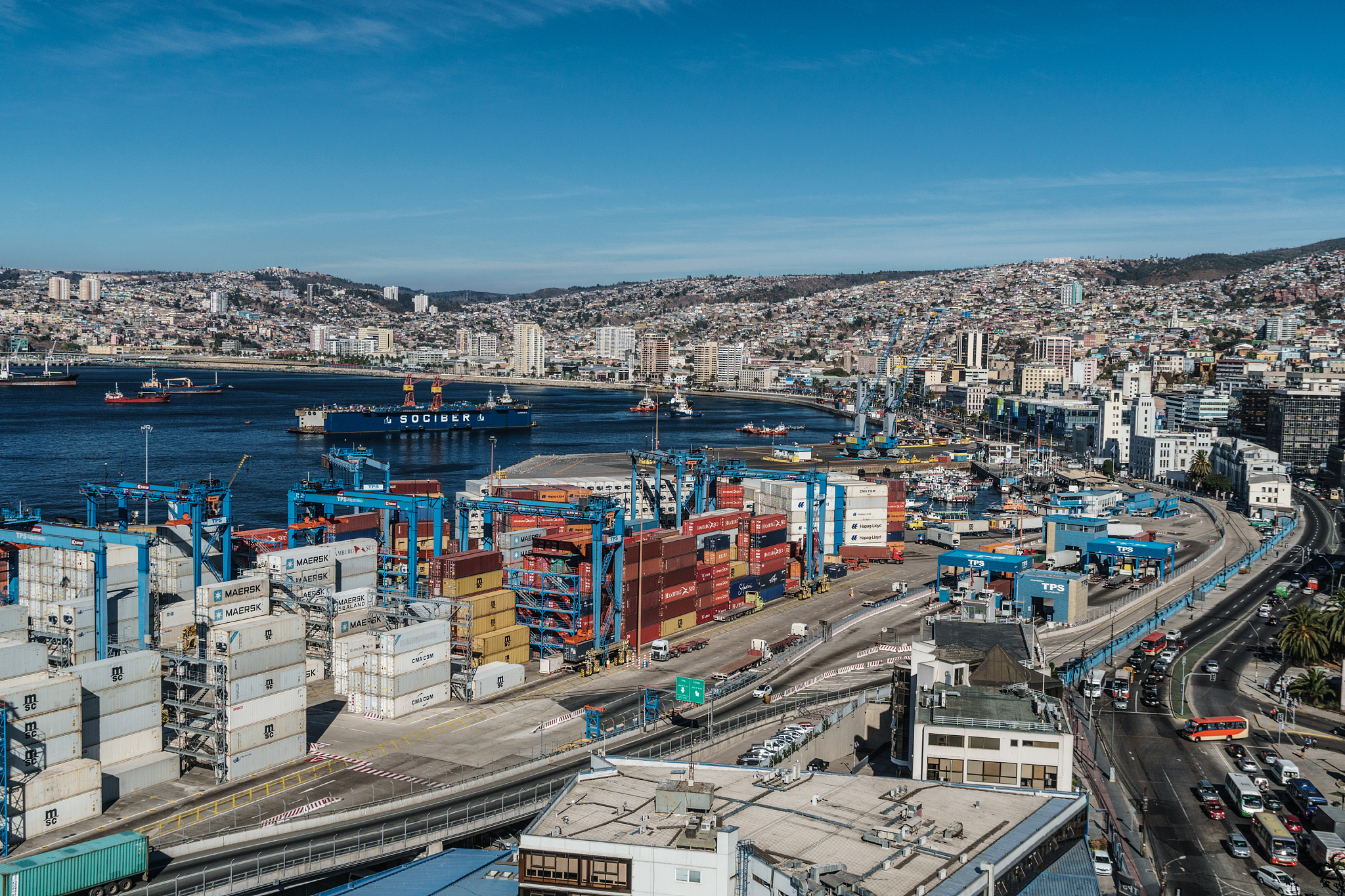 aerial view of the bay of valparaiso with port and cranes in for