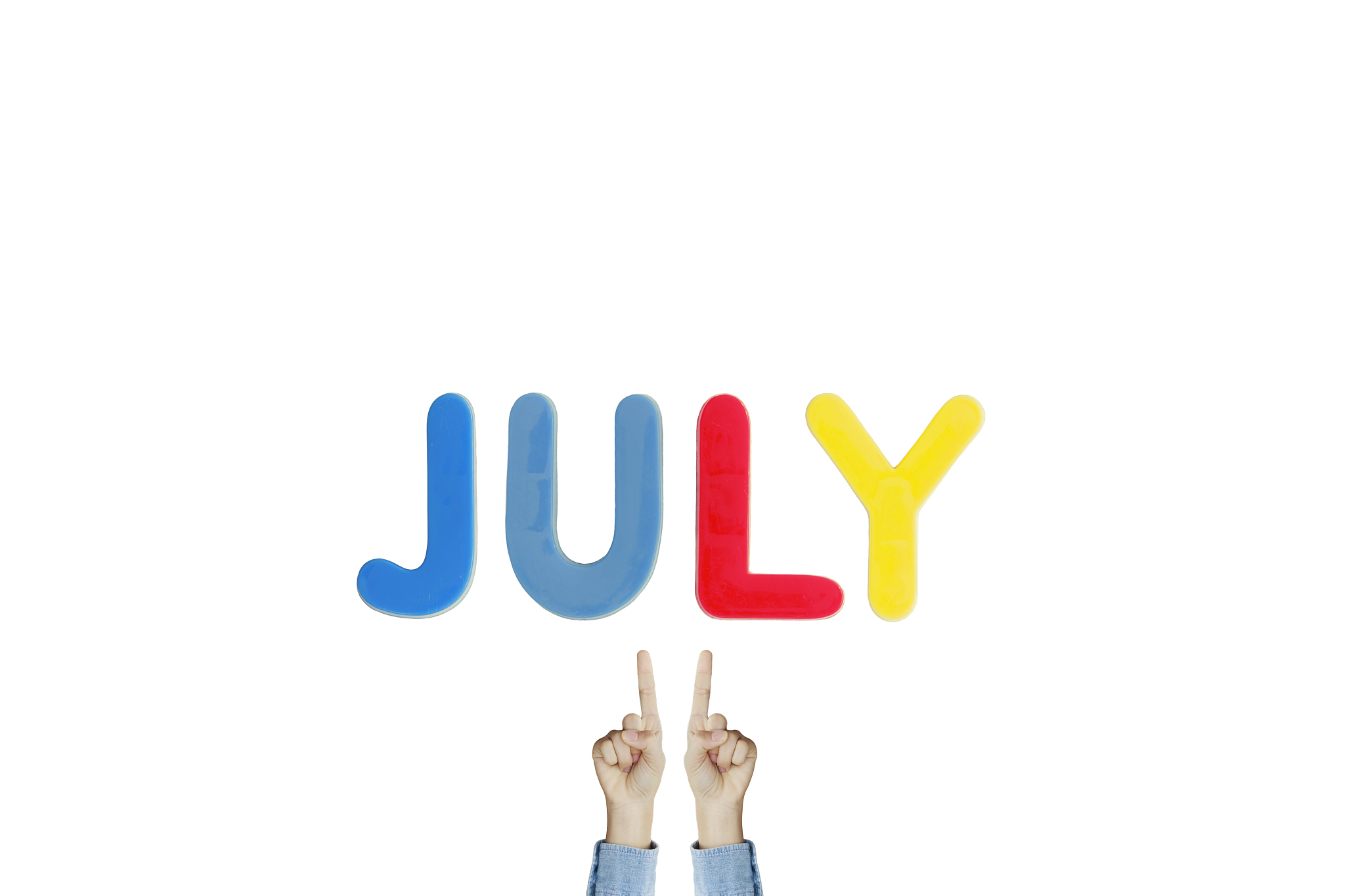hands point to wording 'july' on white background
