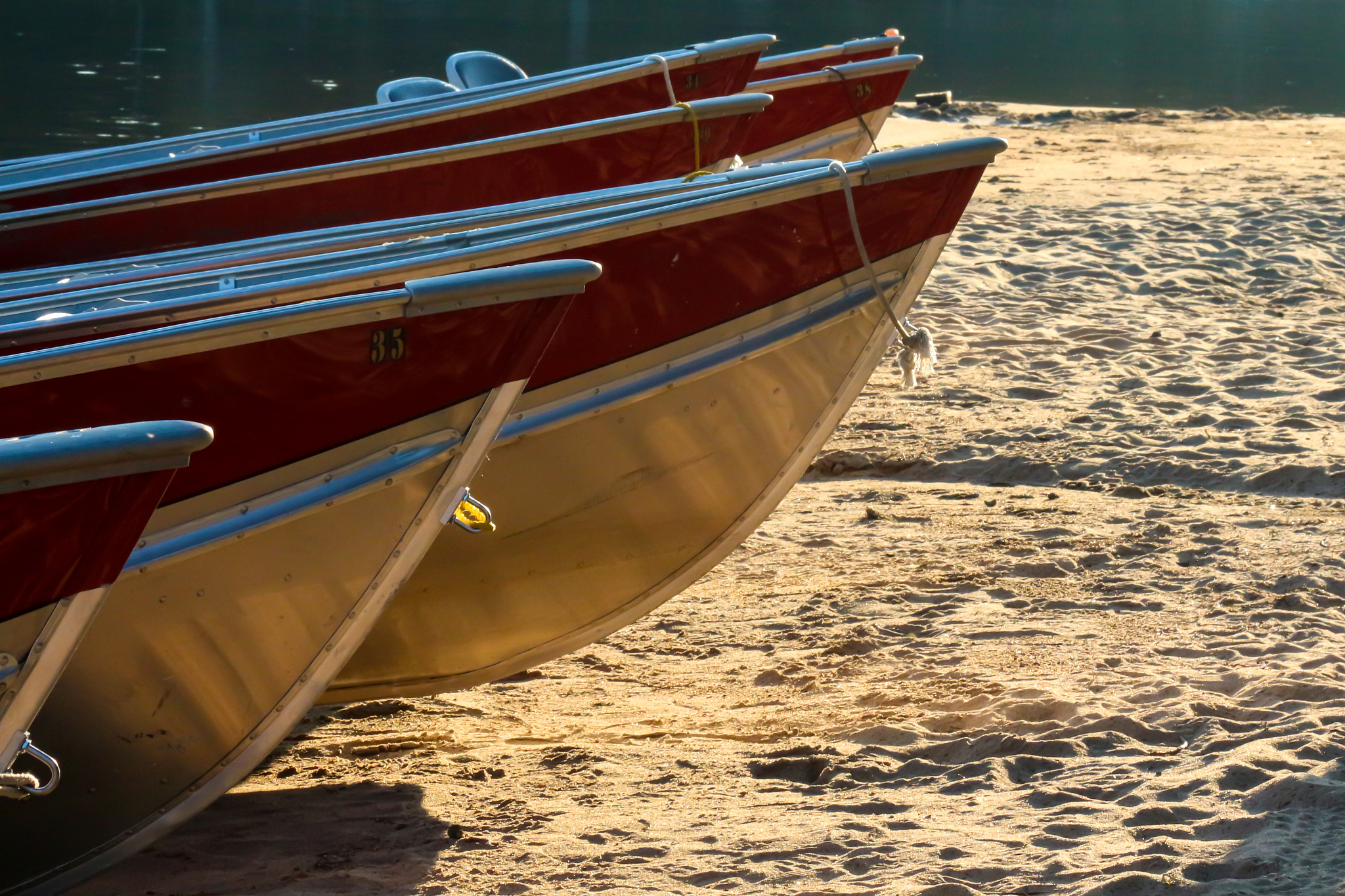 line of multiple aluminum fishing boats on a beach