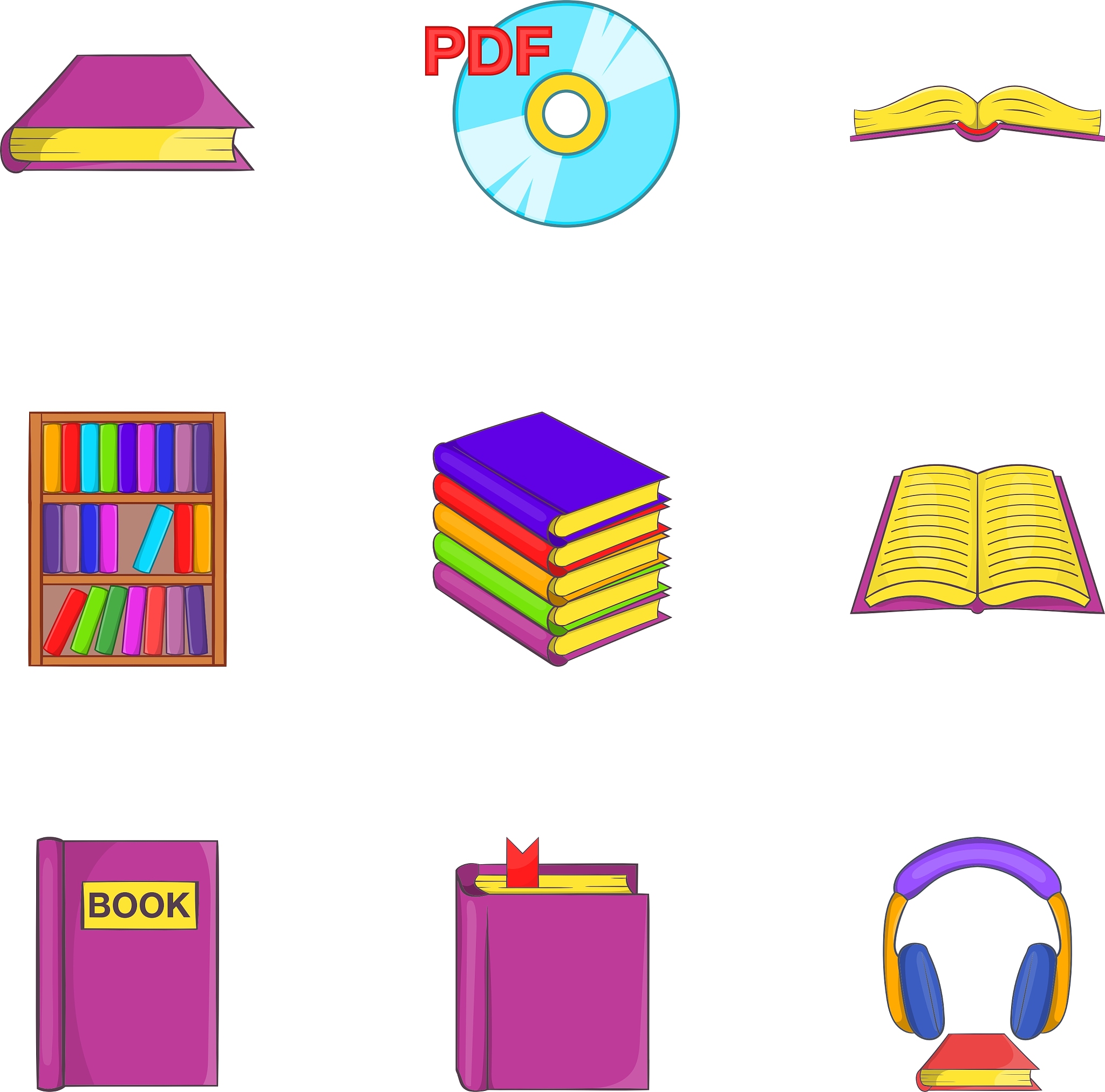 education book icons set cartoon style