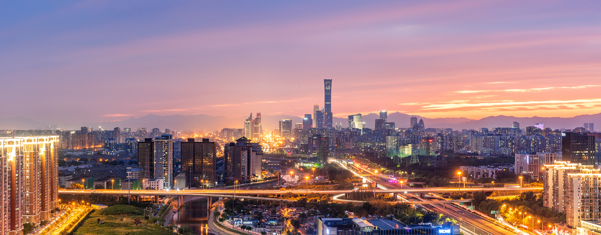 北京通州国贸晚霞城市风光夜景