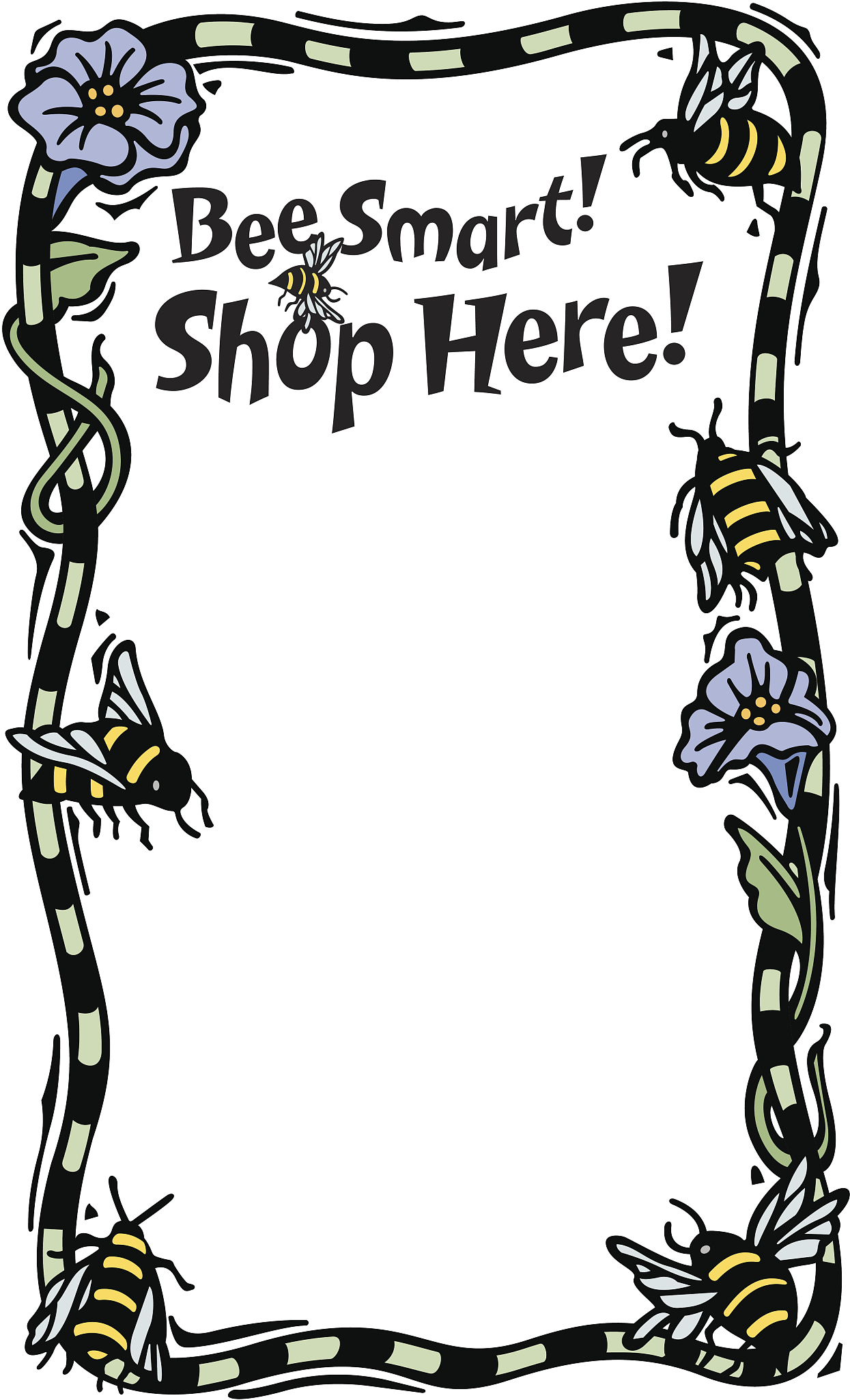 border, heading, bee smart shop here, bees and flowers, color