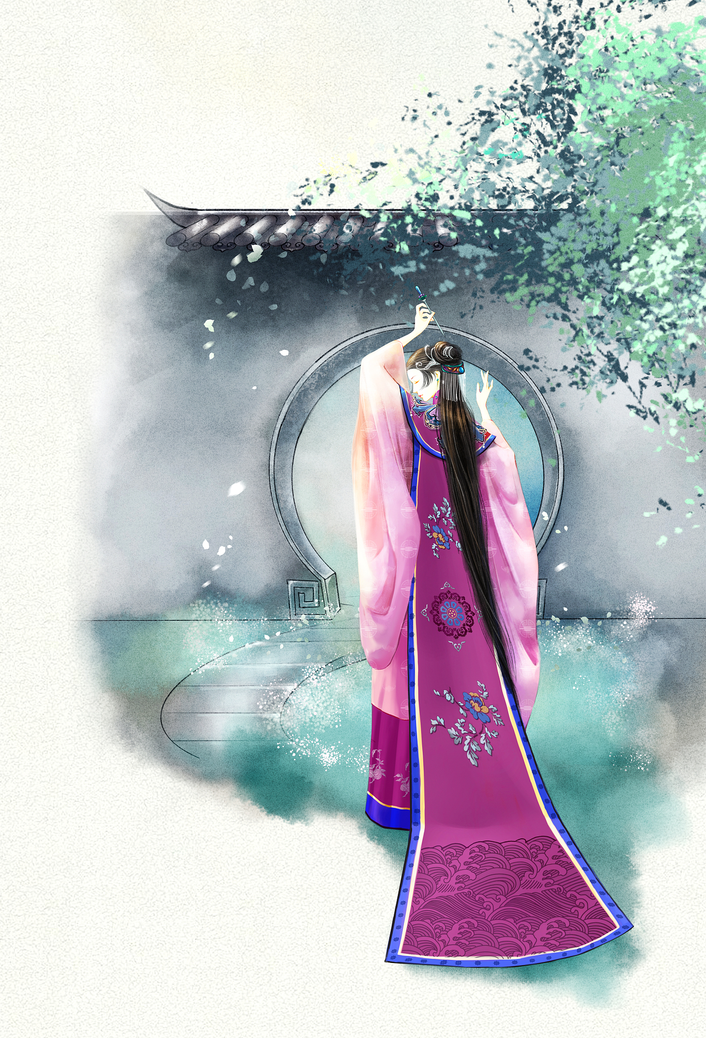 我要画一幅身着汉服的美少女背景是中国风的亭台楼阁应该选择什么样的提示词prompt和风格style来生成图片请给出10组参考词