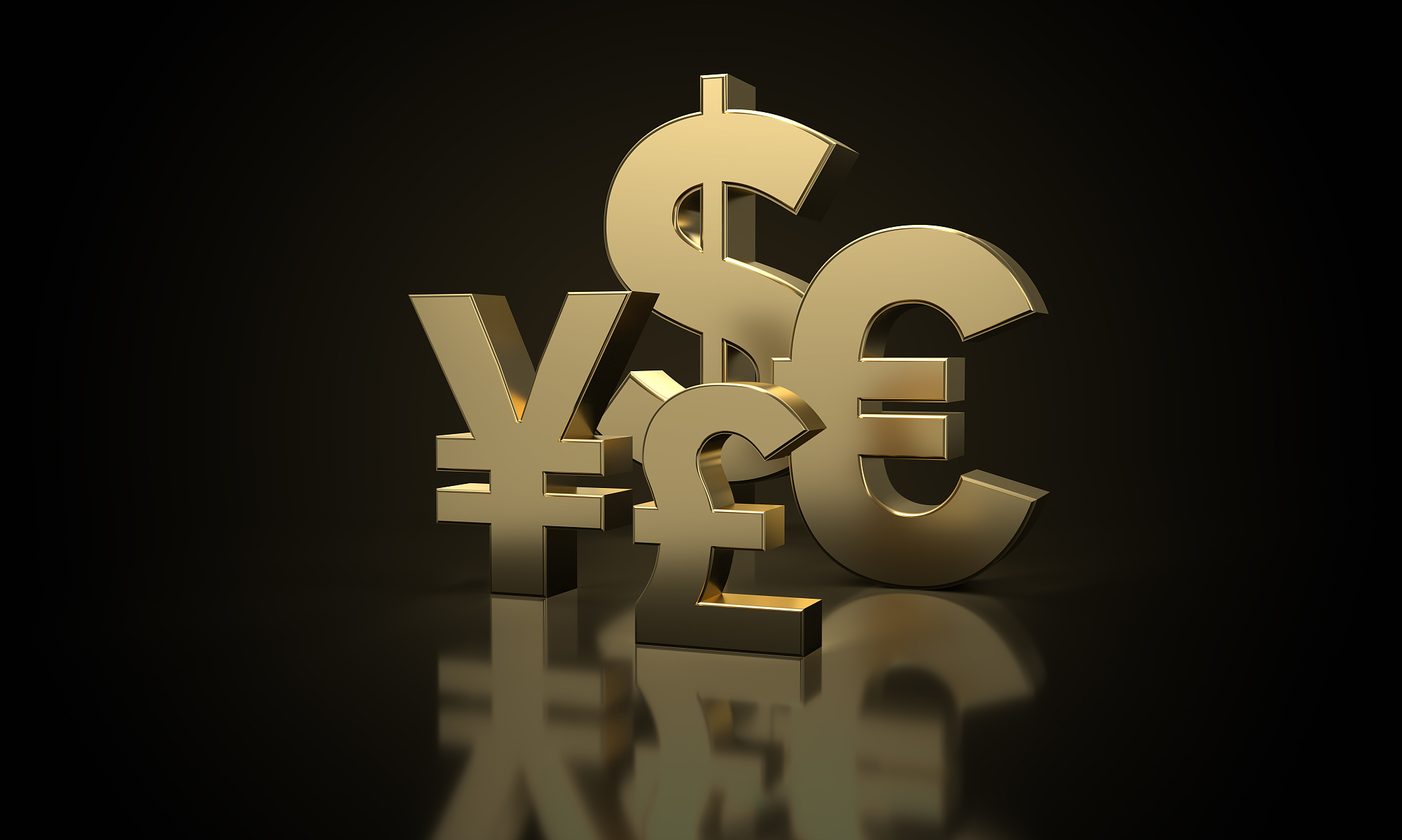 golden dollar, euro, pound and japanese yen sign
