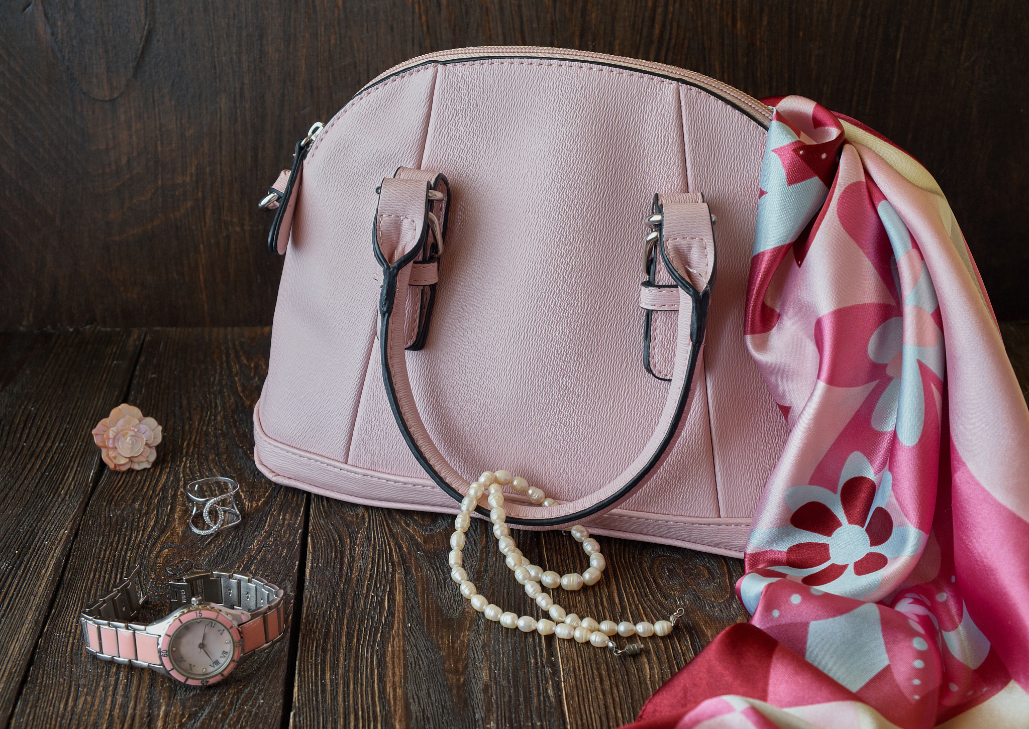 women's accessories. beautiful pink bag, scarf, necklace, watch 