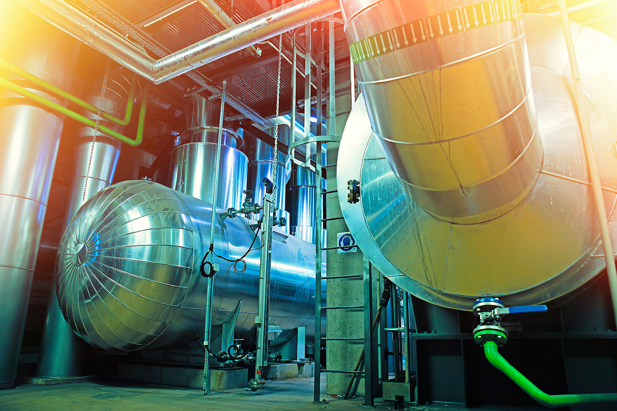 industrial steel pipelines, valves, cables and walkways