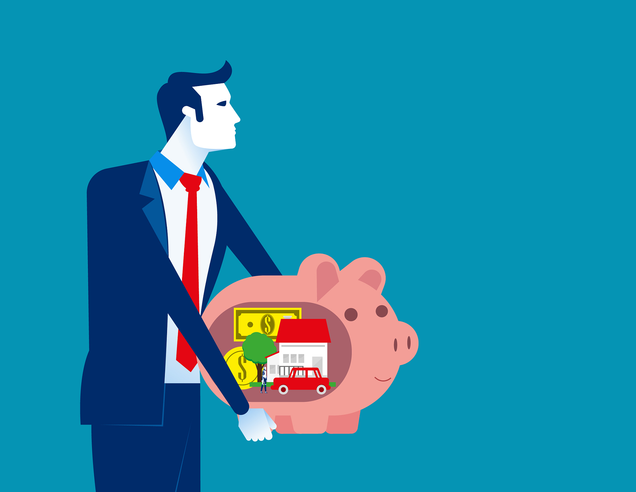businessman holds piggy bank and dreams concept