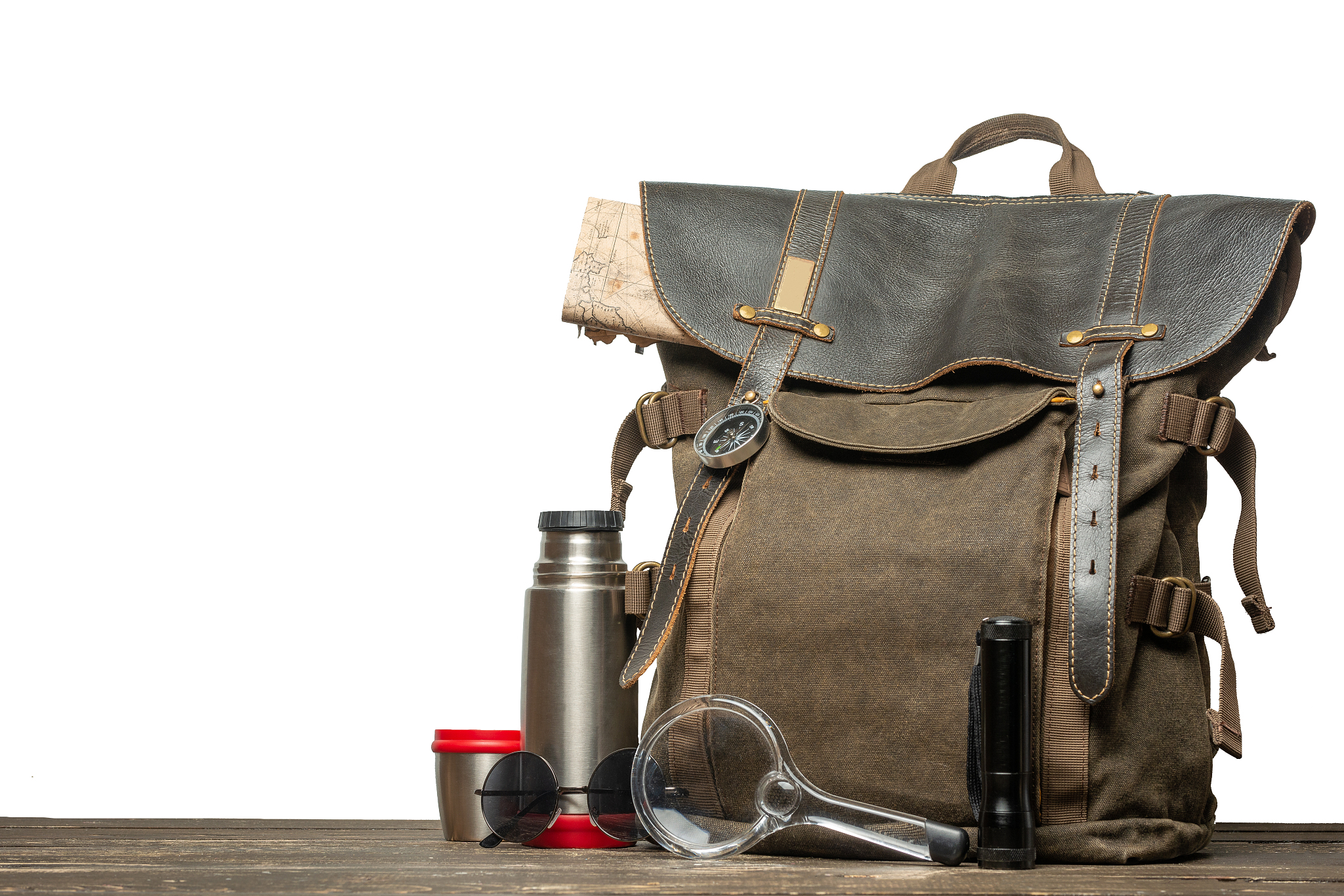 vintage brown backpack with tourism accessories on a table with 