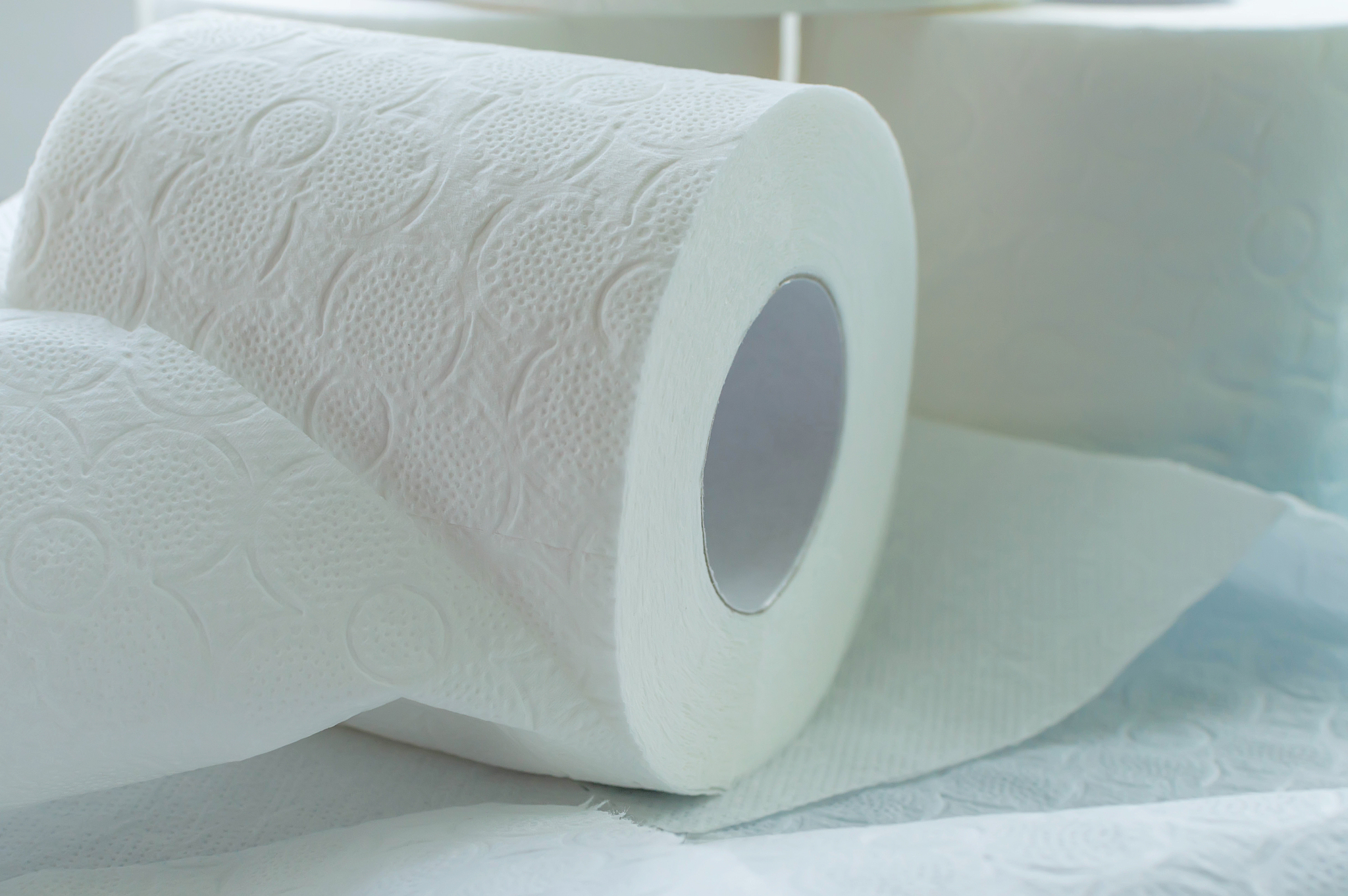 rolls of white toilet paper close-up.