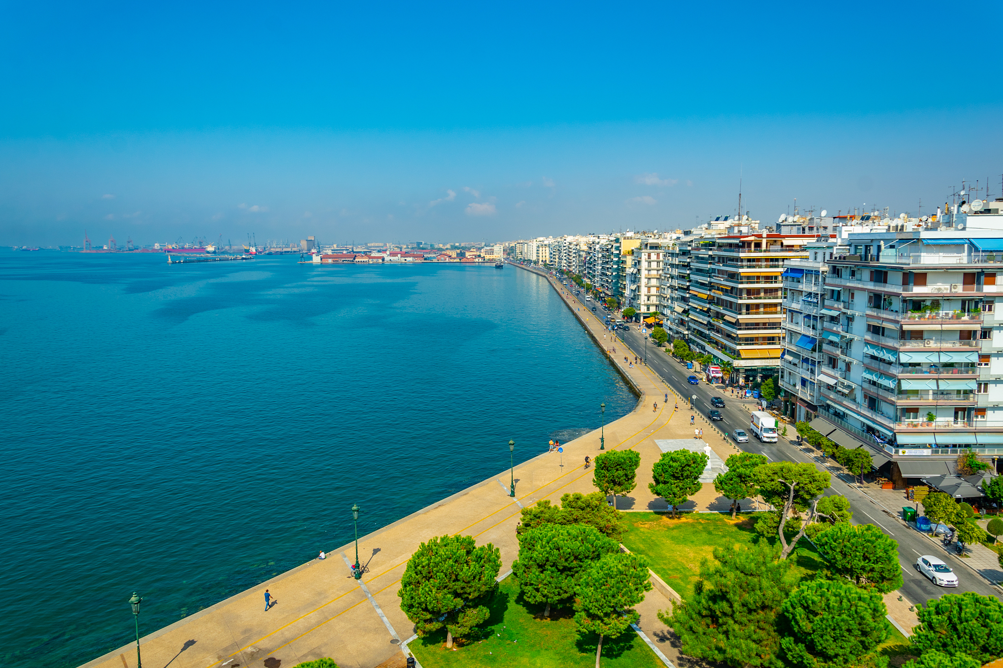 aerial view of seaside promenade in thessaloniki from the white 