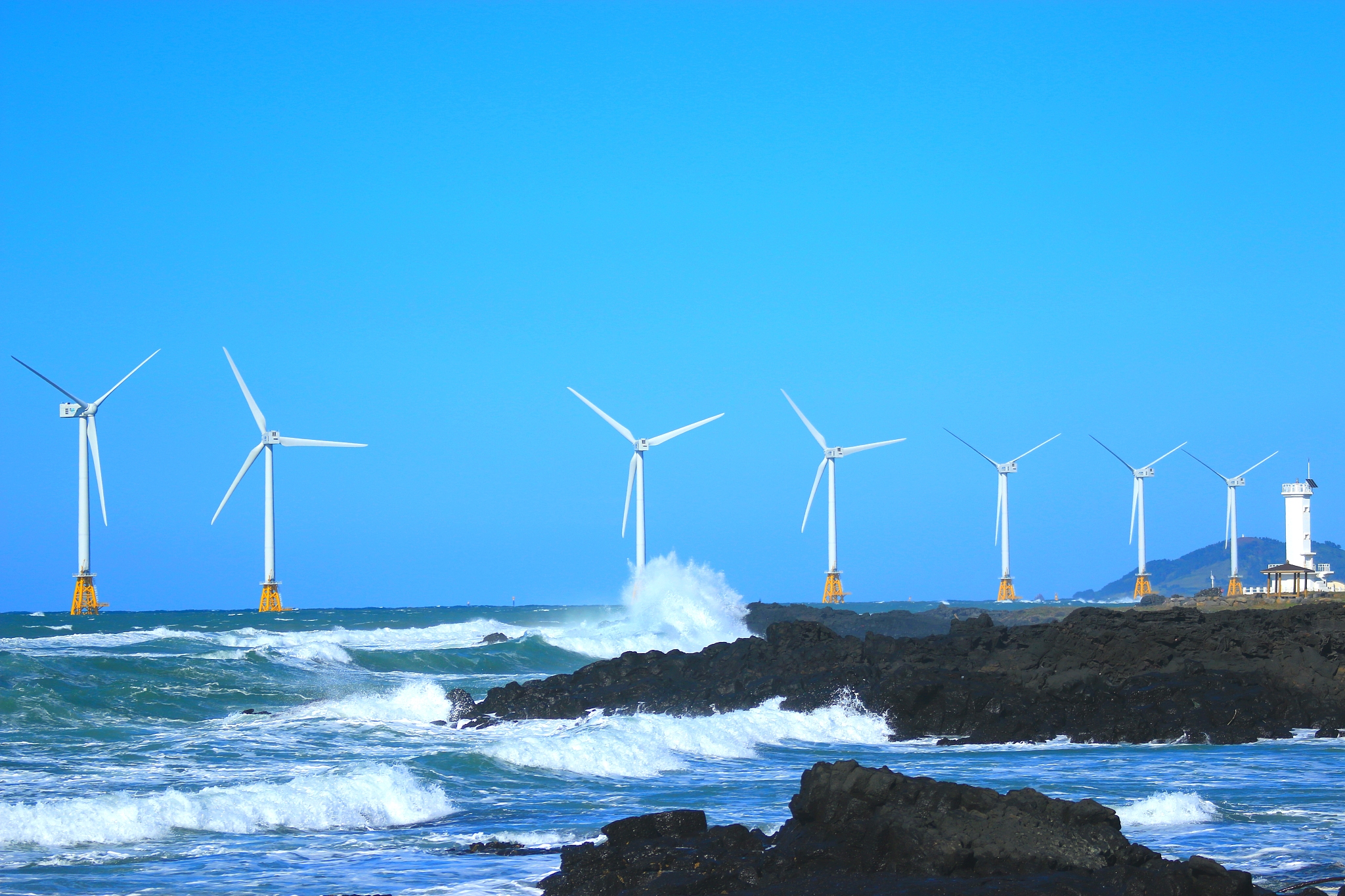 shinchang wind farm, wind turbine, sea, wind, clean energy