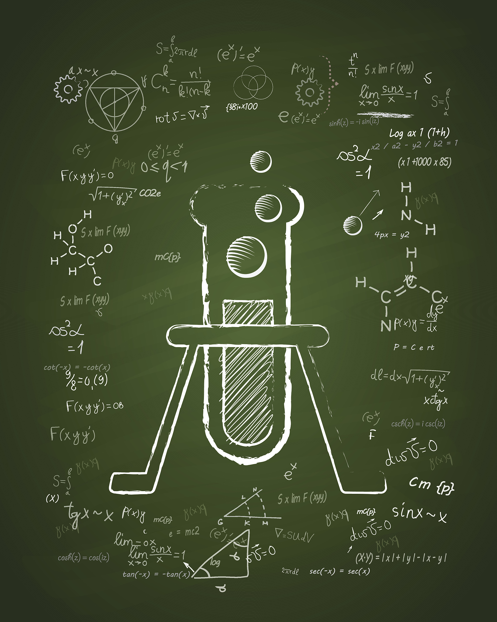 test tube and science on green chalkboard