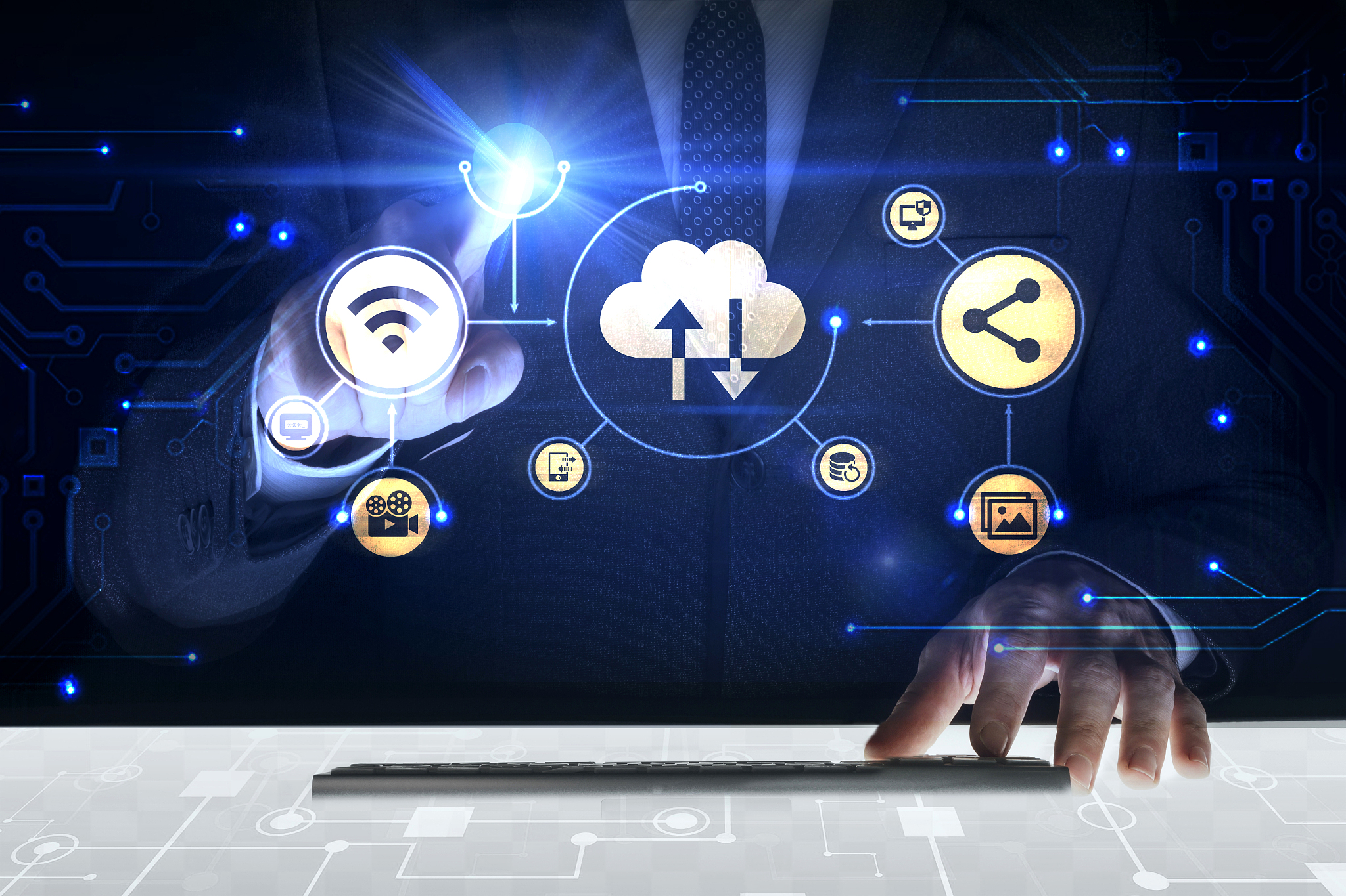 businessman touching screen with about cloud system
