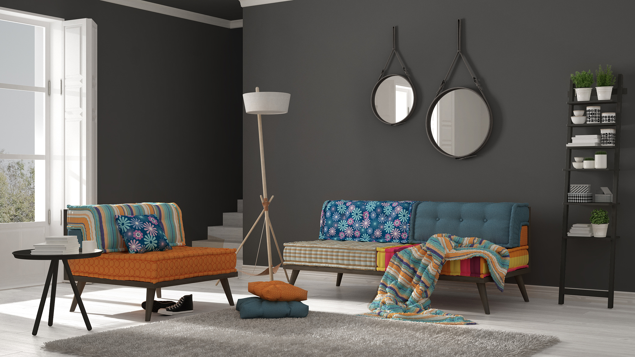 scandinavian living room with colorful couch, armchair and soft 