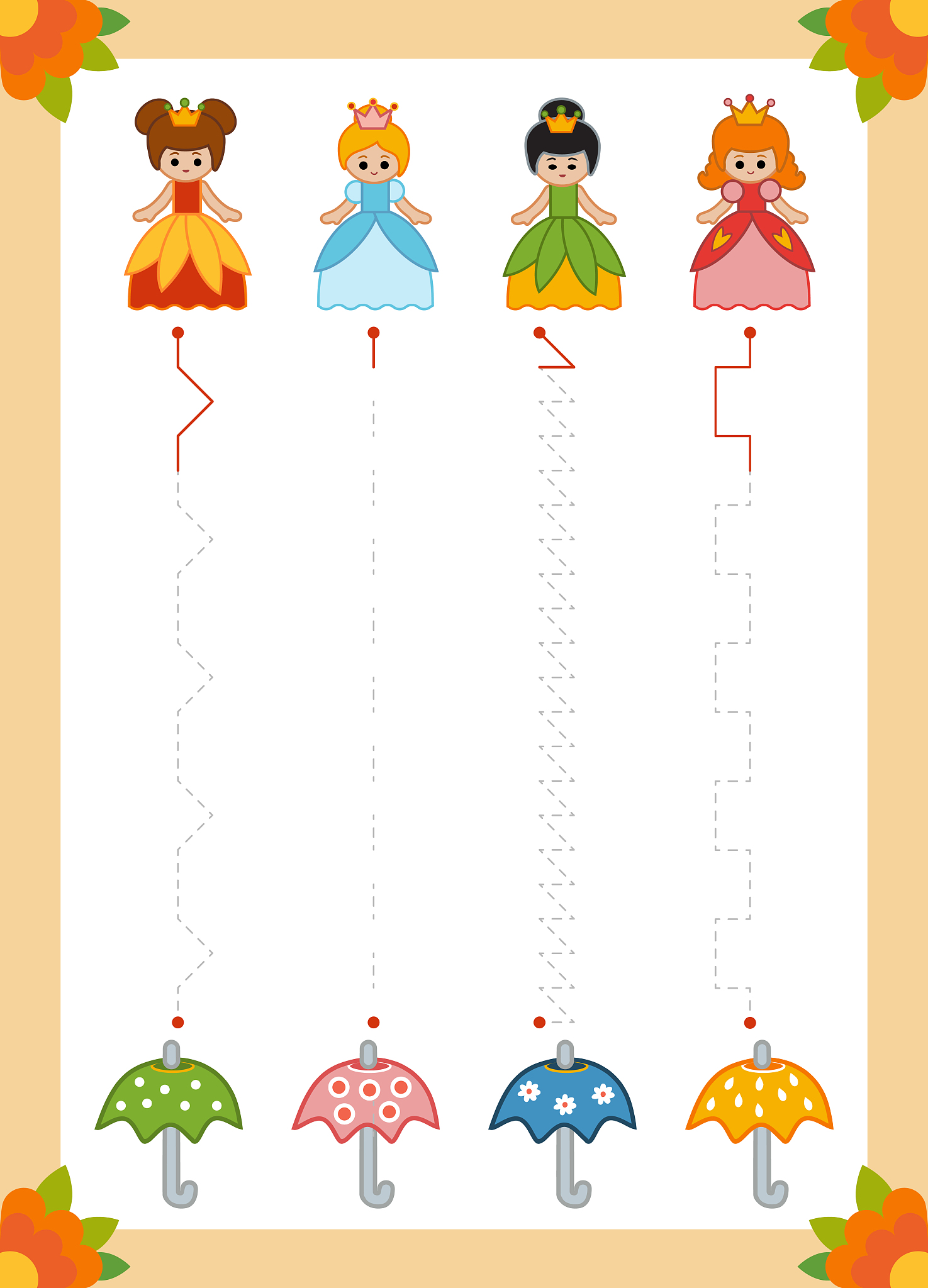 trace the dotted lines from princesses to umbrellas. connect the