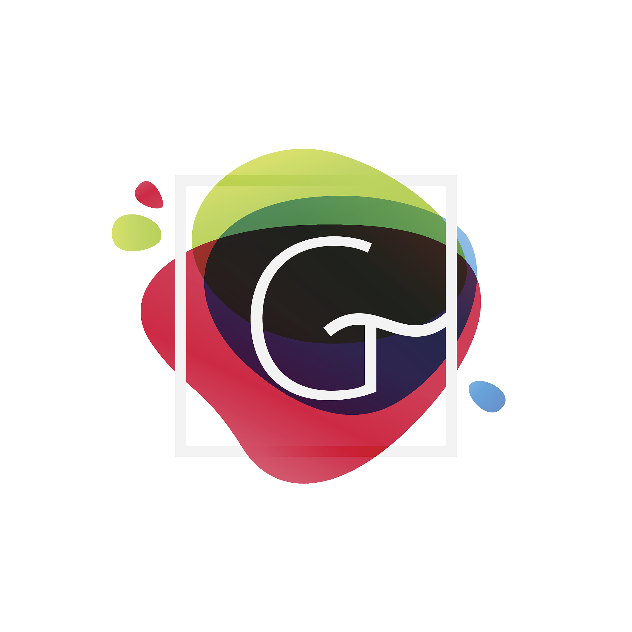 g letter icon in square frame at multicolor splash background.