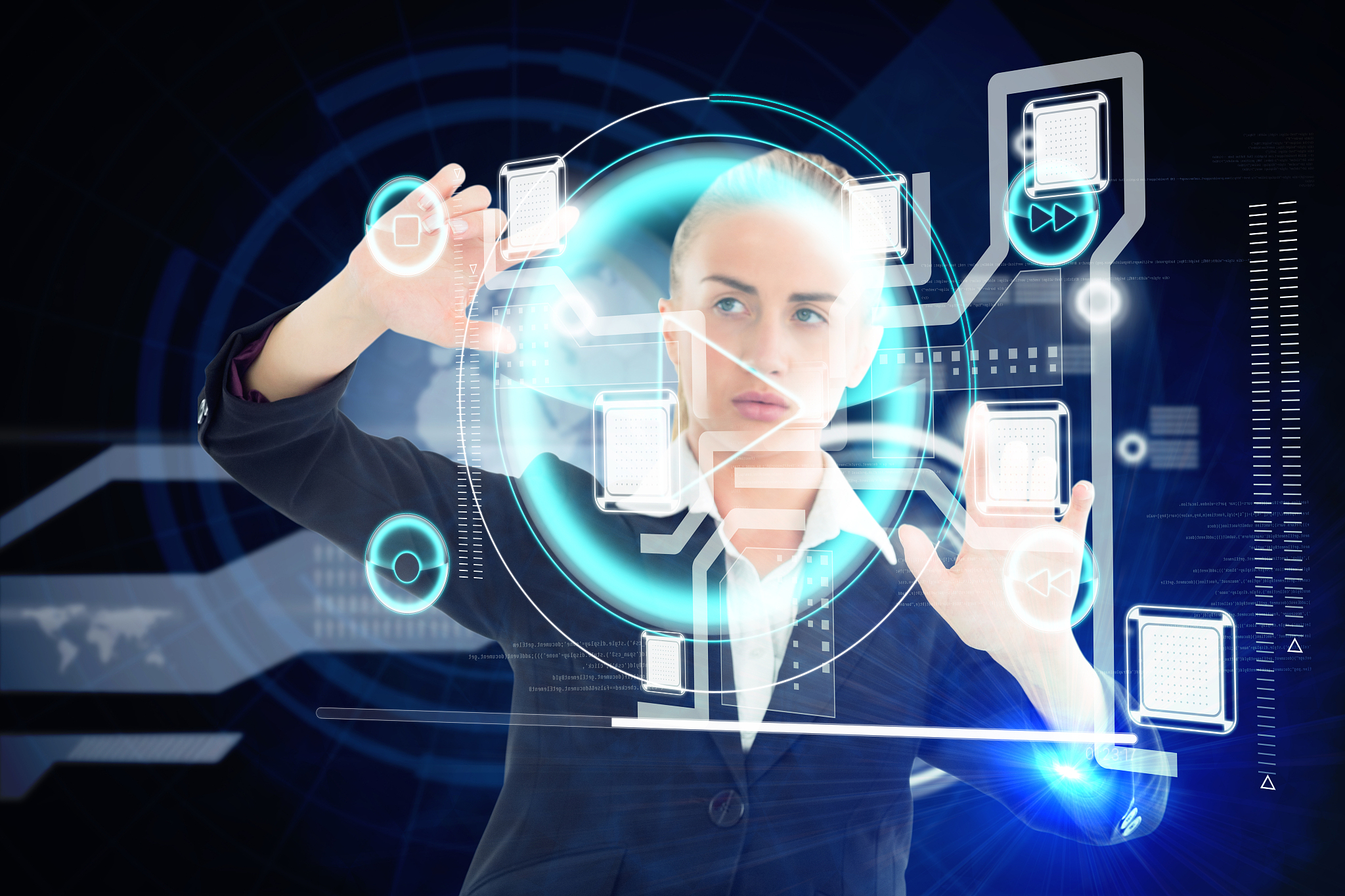 digital composite of blonde businesswoman touching interface