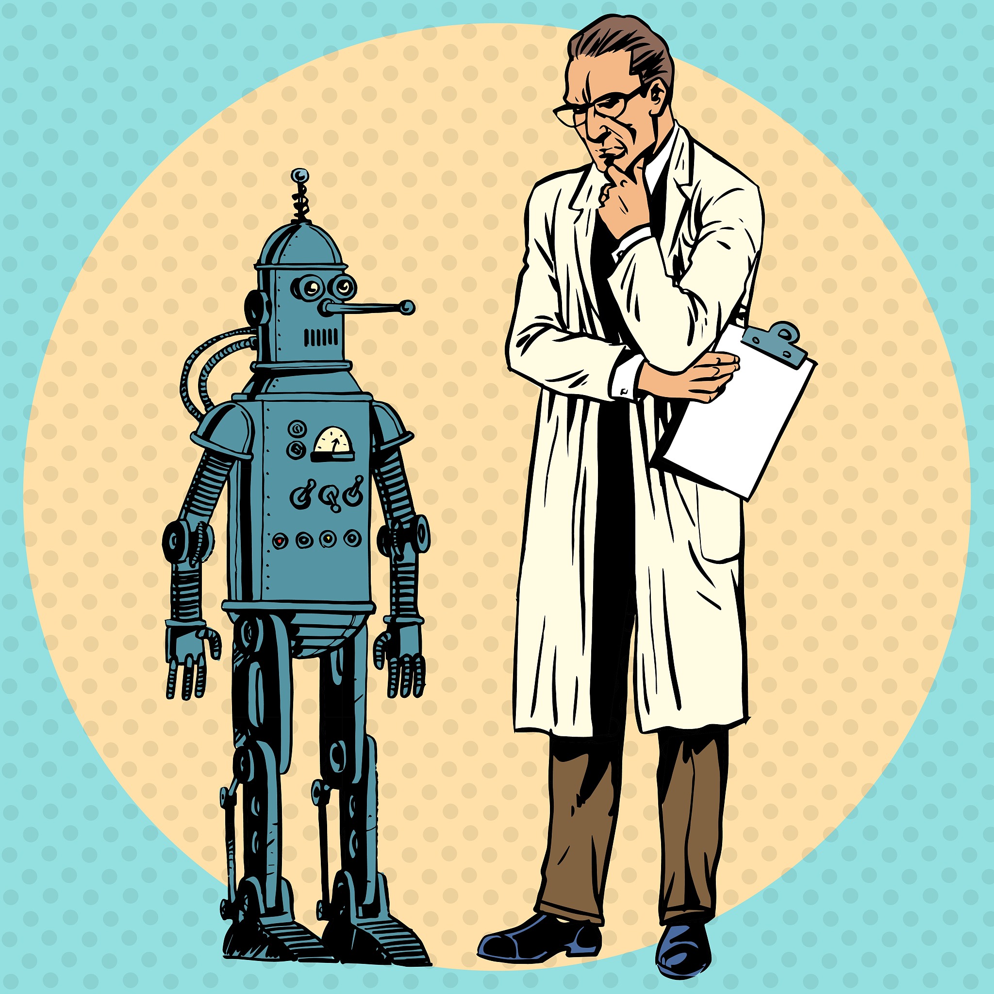 professor scientist and robot. creator gadget retro technology
