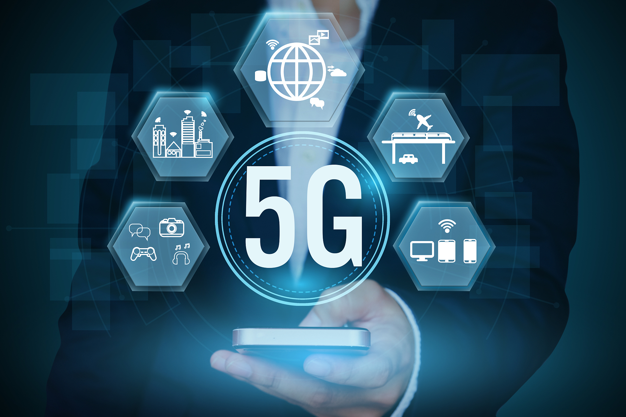businessman holding icon of 5g communication network systems.