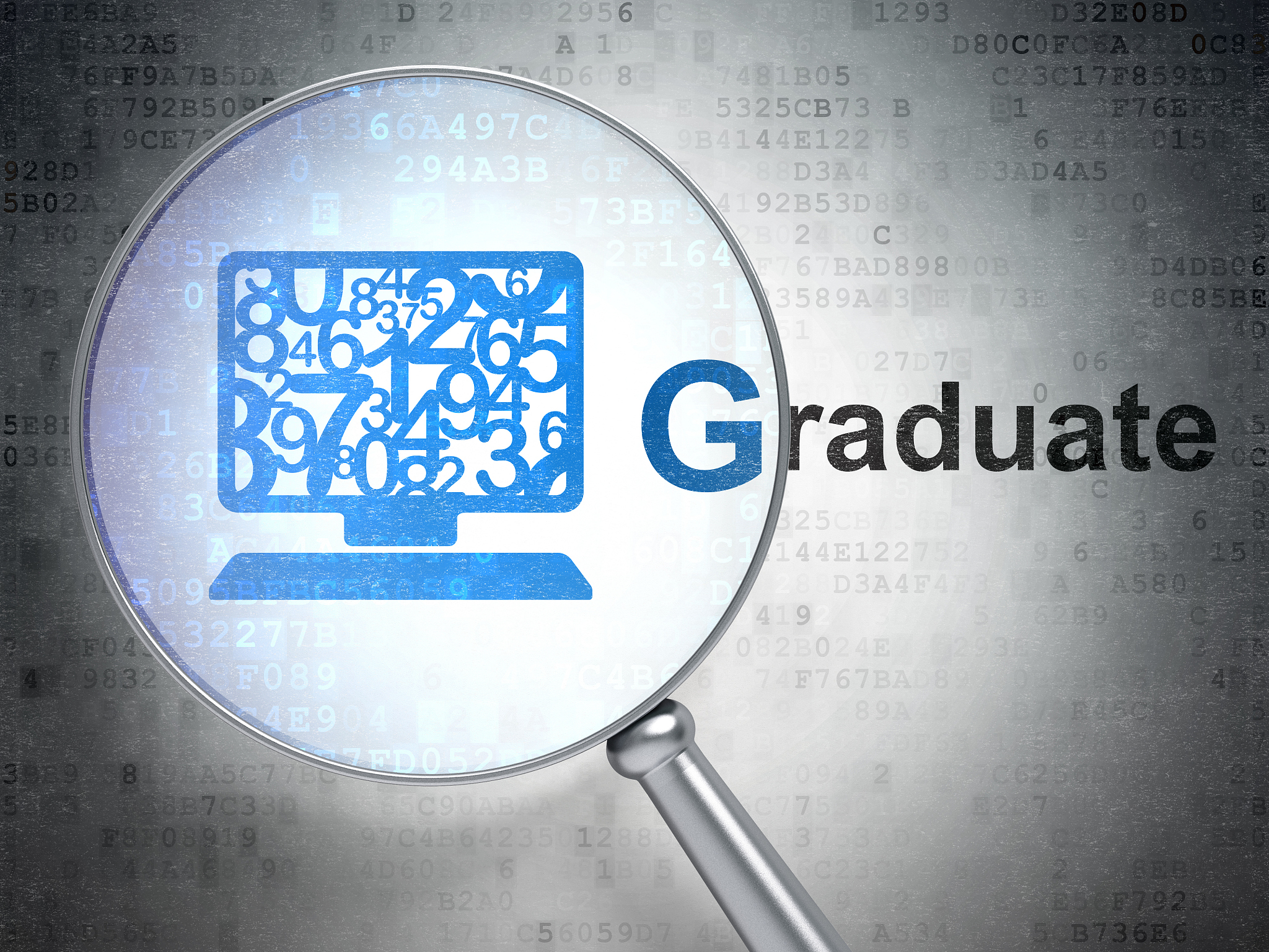 education concept: computer pc and graduate with optical glass