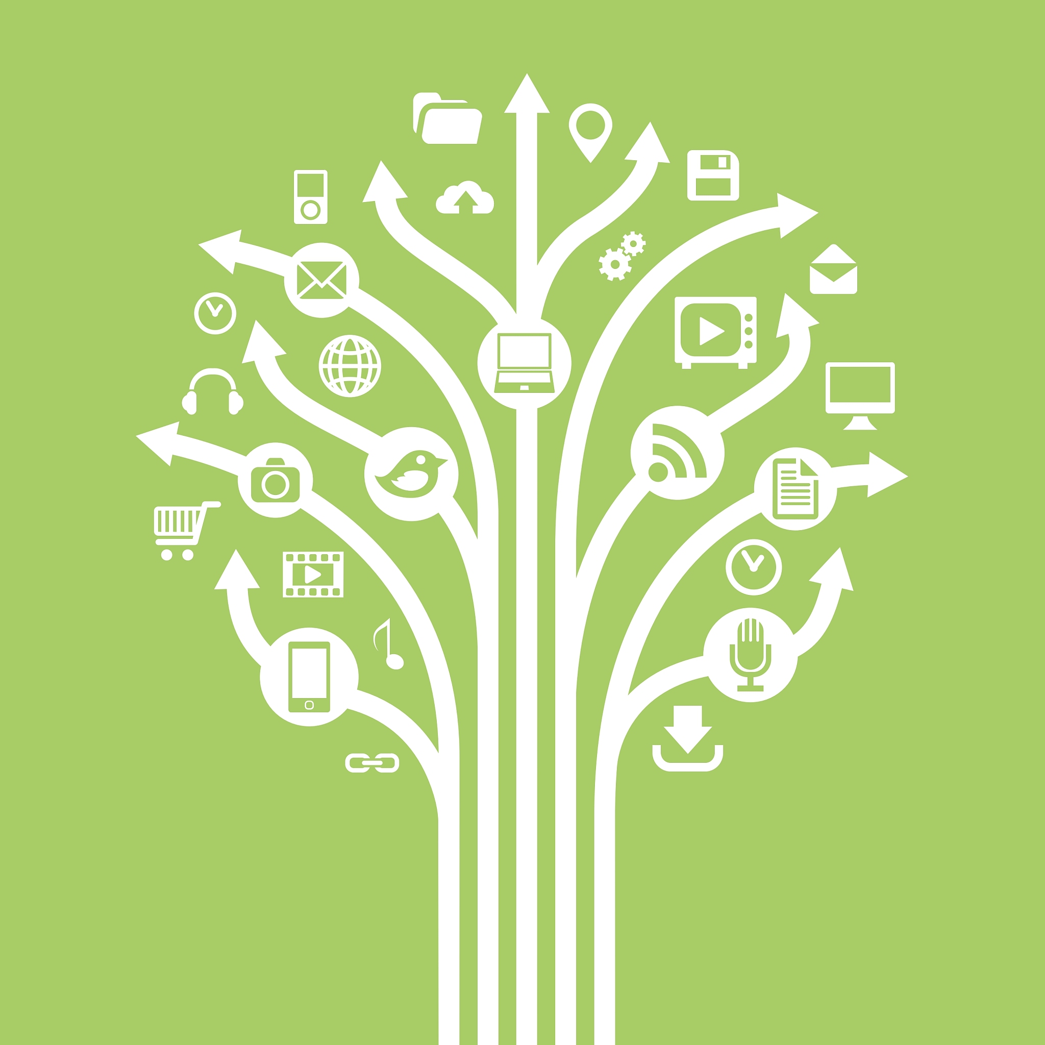 gadgets and technology symbols on tree with arrow
