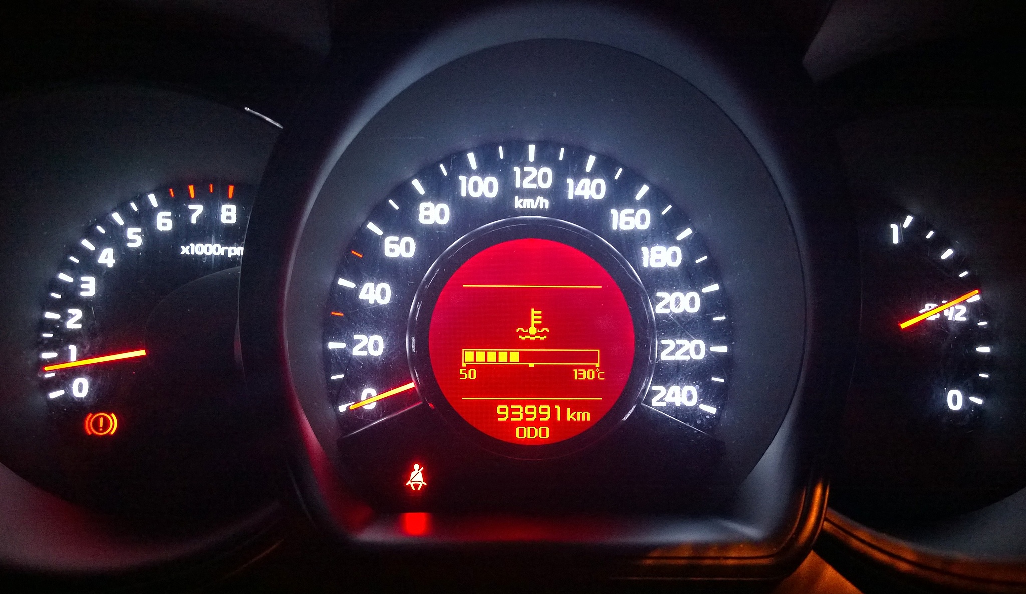 car dashboard, odometer, speedometer, fuel meter. night light mo