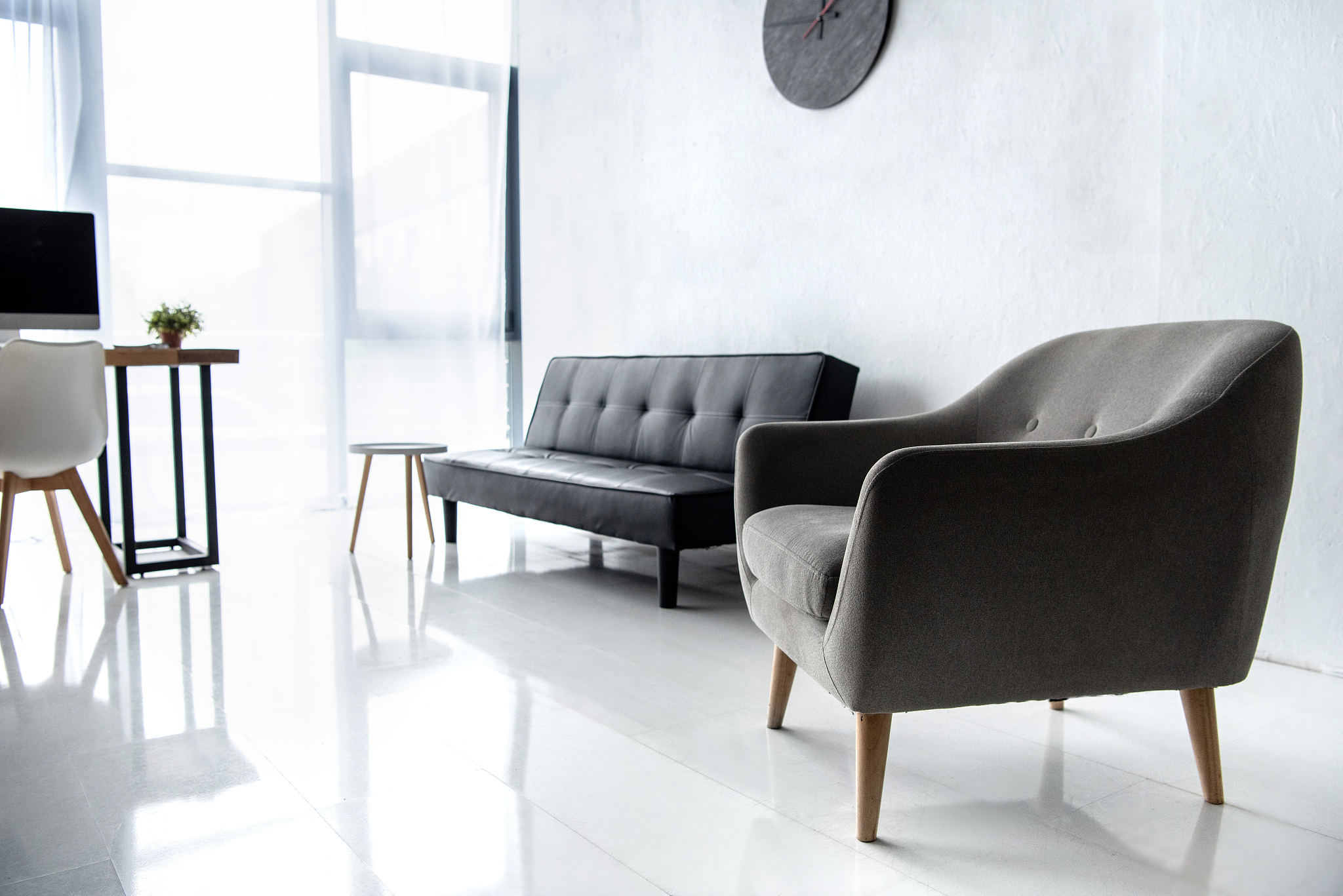interior of modern living room with computer monitor on table, a