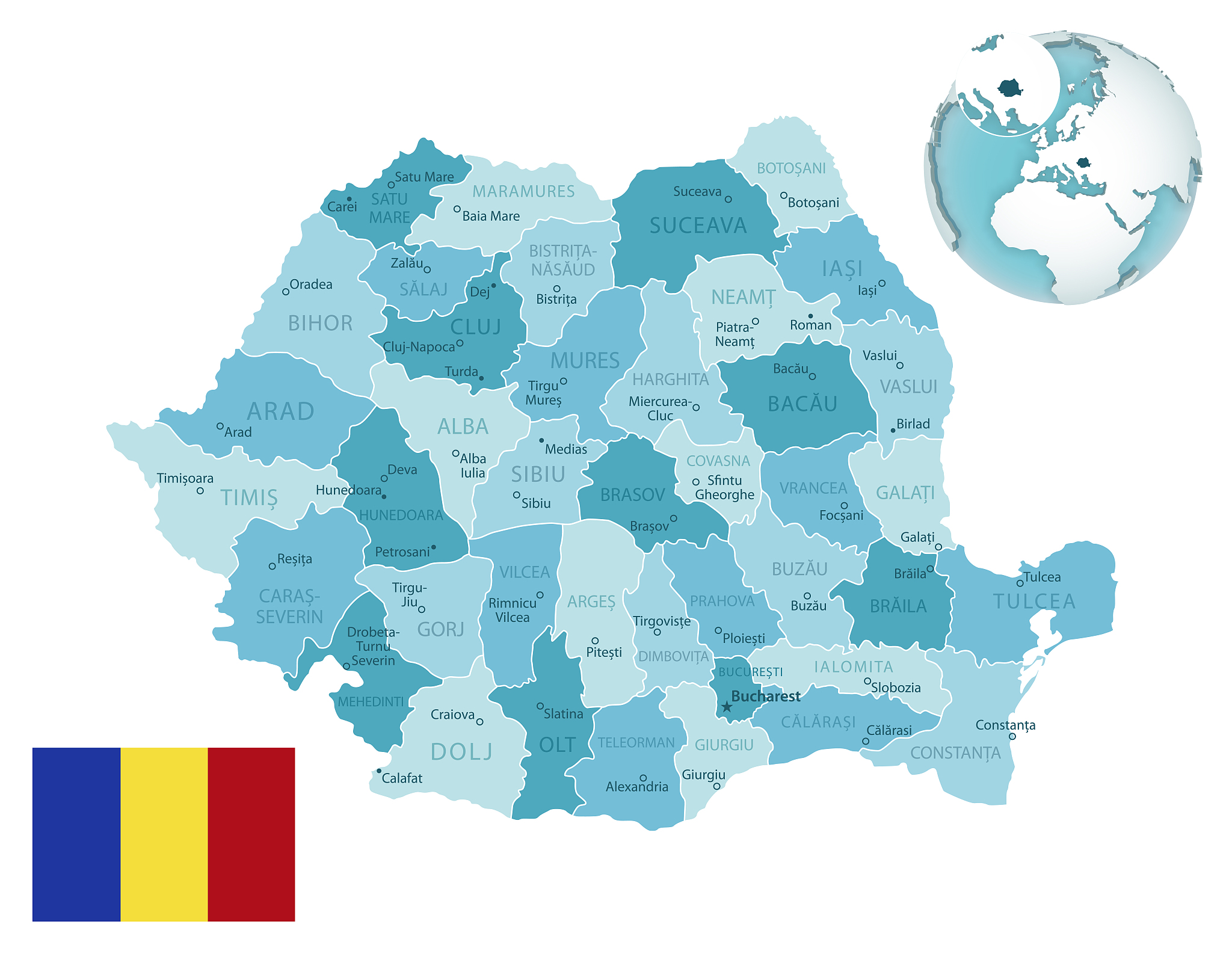 romania administrative blue-green map with country flag and loca
