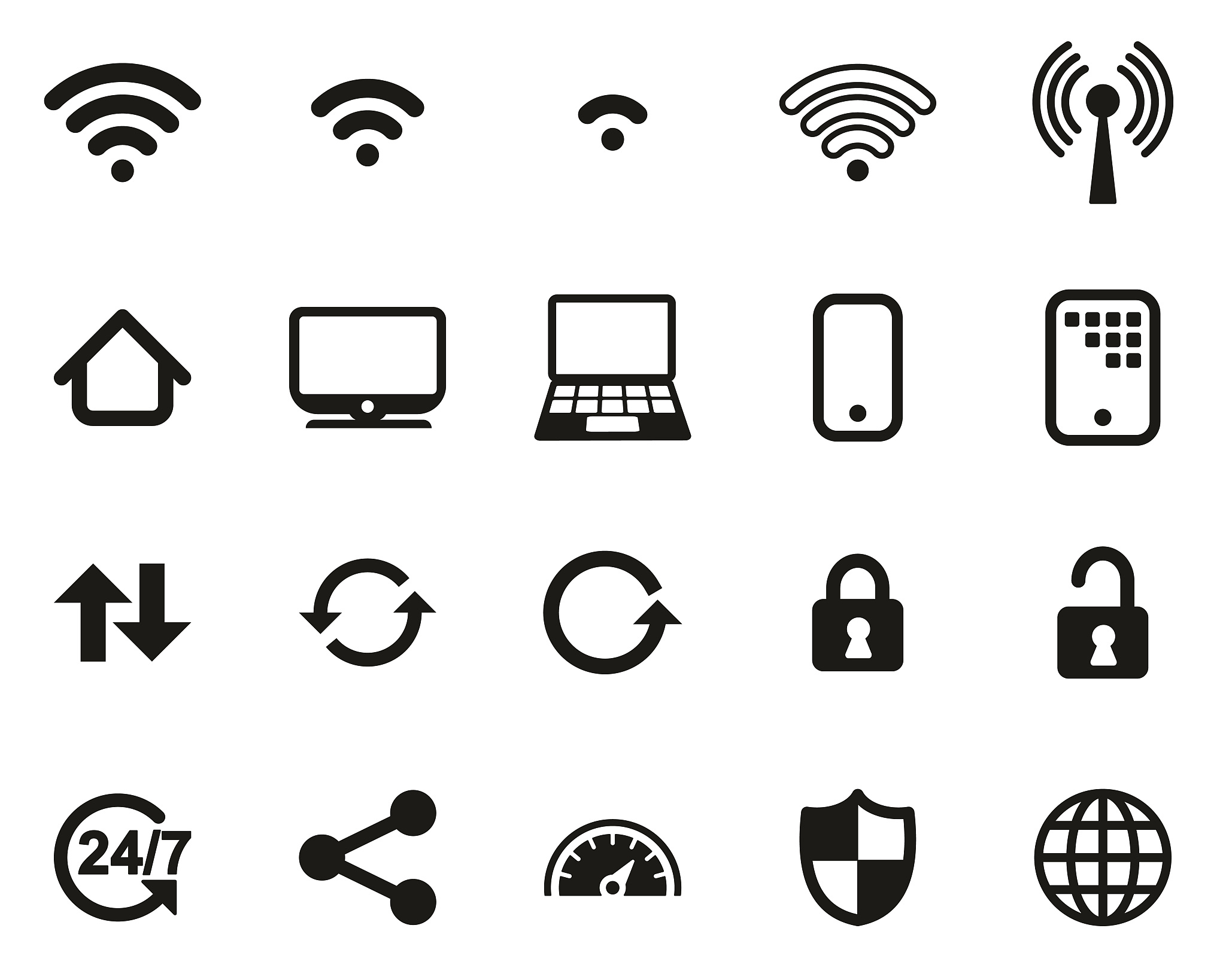 wifi connection icons black & white set big