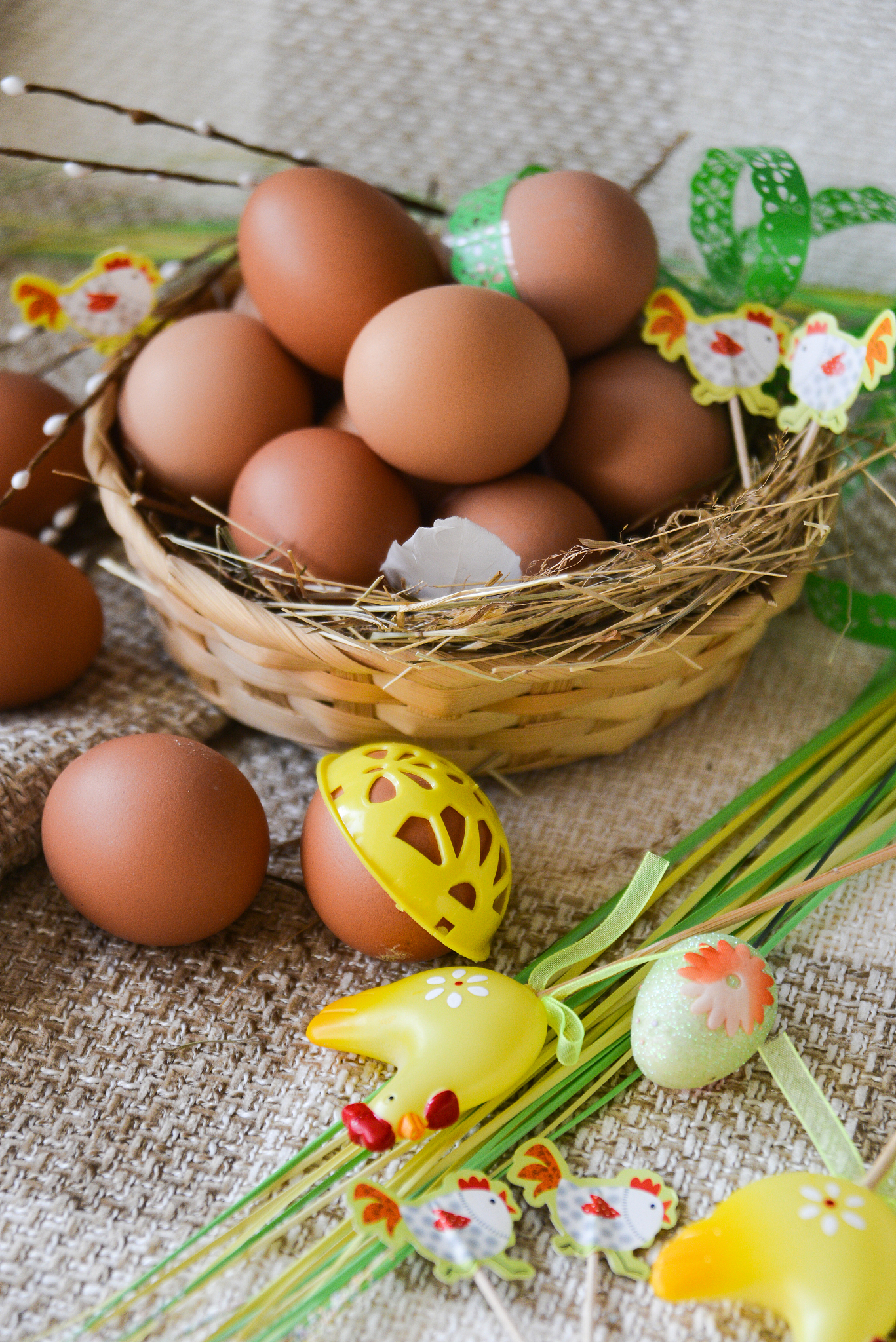 egg, easter decor on textile background, for holiday
